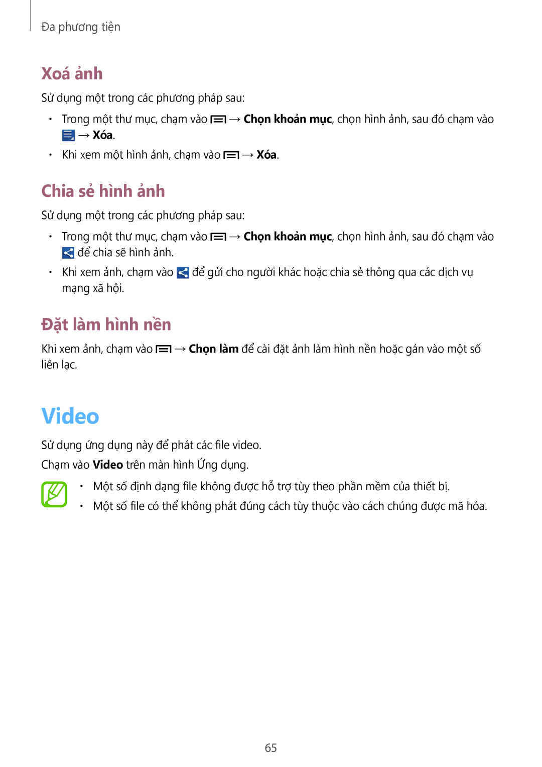 Samsung GT-S6810PWAXXV, GT-S6810MBAXXV manual Video, Xoá ảnh, Chia sẻ hình ảnh, Đặt làm hình nền 