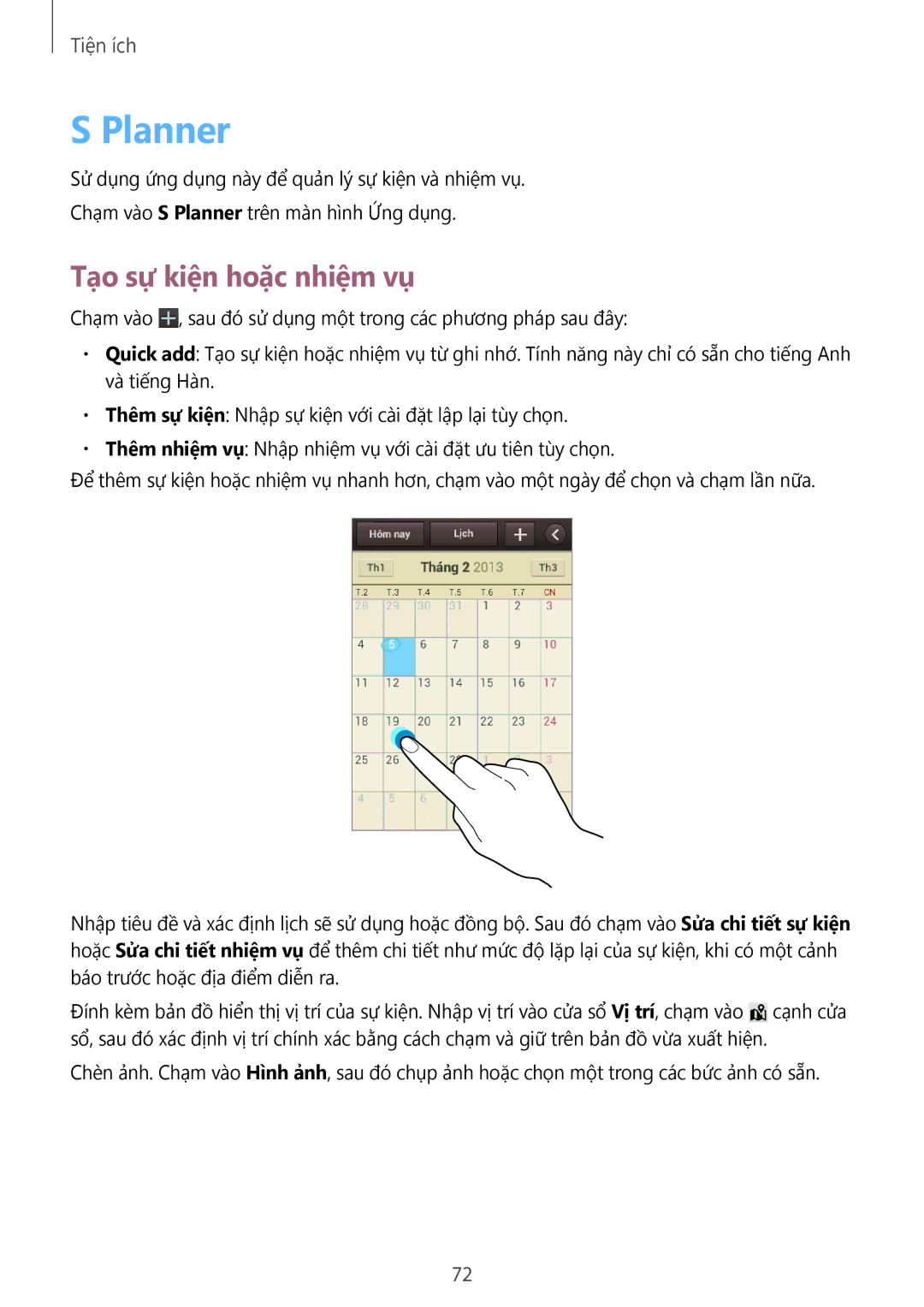 Samsung GT-S6810MBAXXV, GT-S6810PWAXXV manual Planner, Tạo sự kiện hoặc nhiệm vụ 