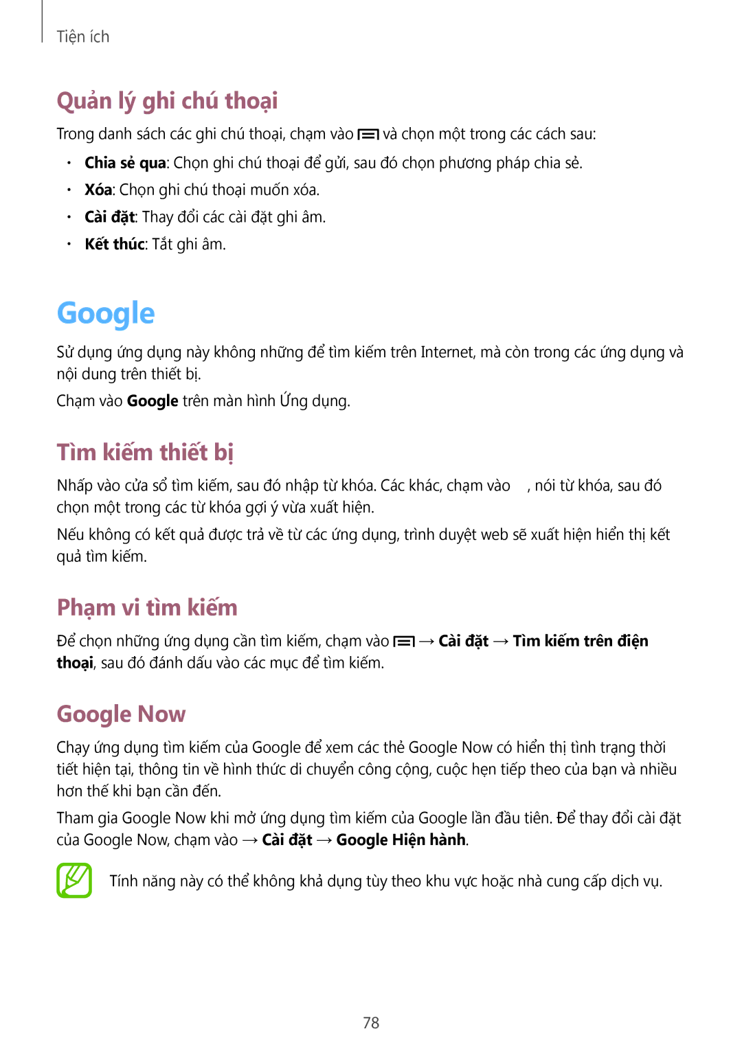 Samsung GT-S6810MBAXXV, GT-S6810PWAXXV manual Quản lý ghi chú thoại, Tìm kiếm thiết bị, Phạm vi tìm kiếm, Google Now 