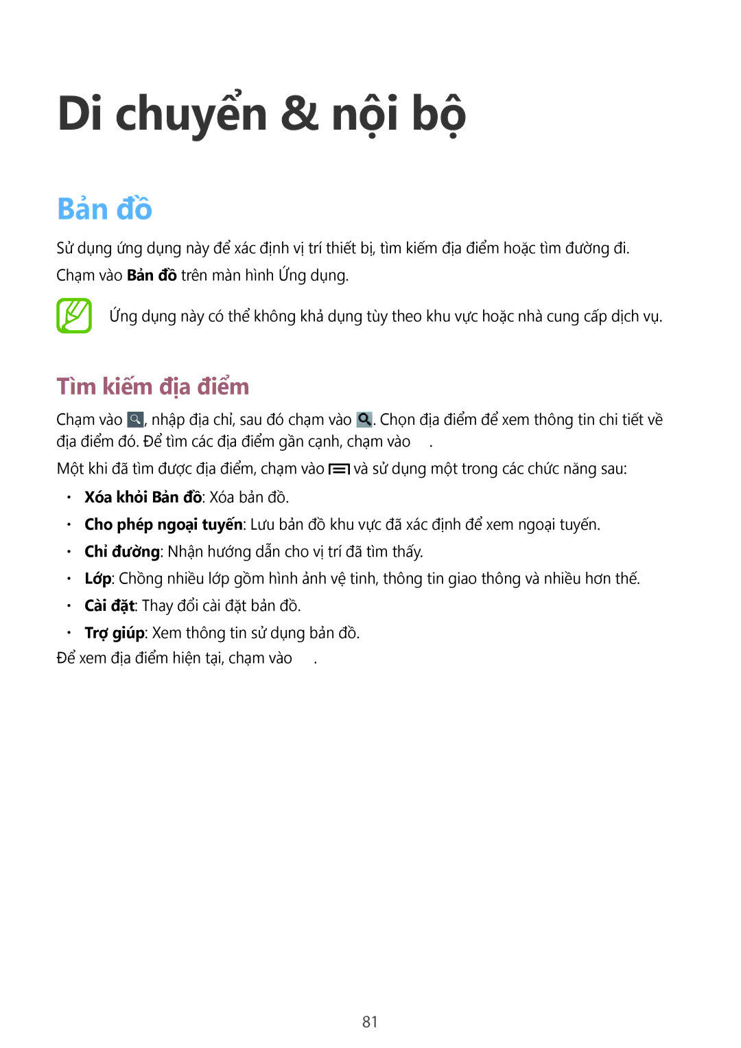 Samsung GT-S6810PWAXXV, GT-S6810MBAXXV manual Di chuyển & nội bộ, Tìm kiếm địa điểm, Xóa khỏi Bản đồ Xóa bản đồ 