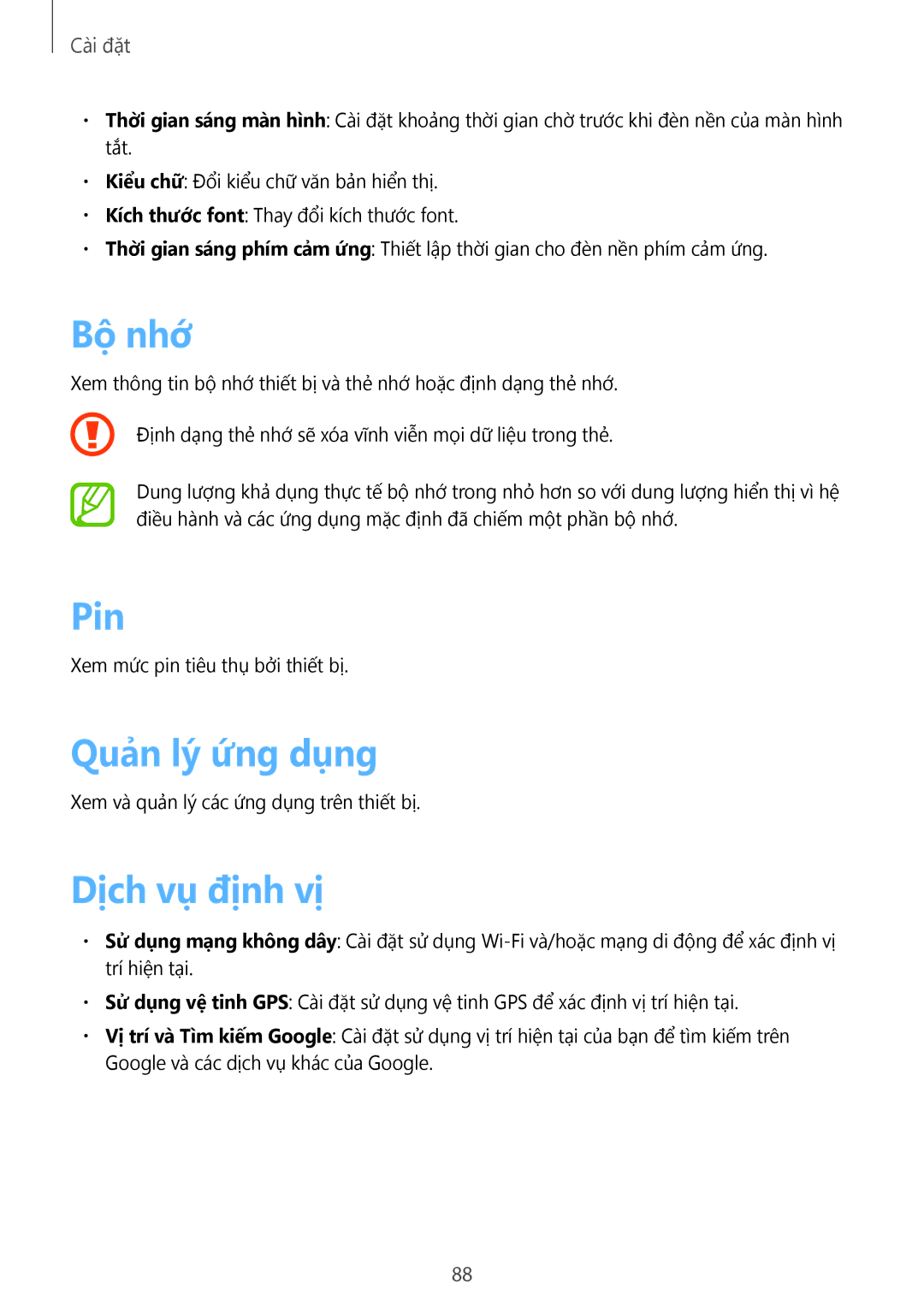 Samsung GT-S6810MBAXXV, GT-S6810PWAXXV manual Bộ nhớ, Pin, Quản lý ứng dụng, Dịch vụ định vị 