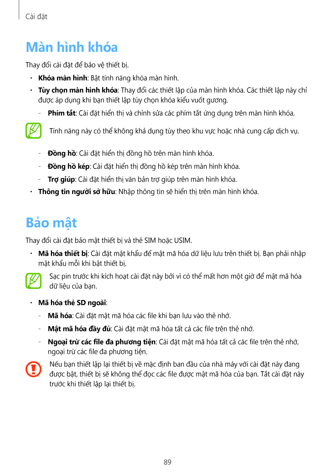 Samsung GT-S6810PWAXXV, GT-S6810MBAXXV manual Màn hình khóa, Bảo mật, Ma hoa the SD ngoai 