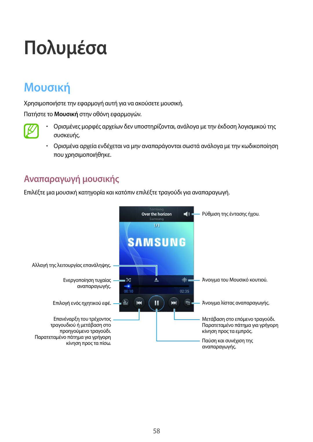 Samsung GT-S6810PWNCYV, GT-S6810MBNEUR, GT-S6810MBNCOS, GT-S6810PWNEUR manual Πολυμέσα, Μουσική, Αναπαραγωγή μουσικής 