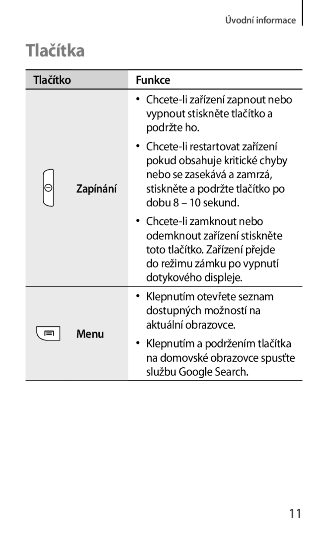 Samsung GT-S6810MBNORX, GT-S6810MBNEUR, GT-S6810PWNCOS, GT-S6810MBNGBL, GT-S6810PWNGBL manual Tlačítka, TlačítkoFunkce, Menu 