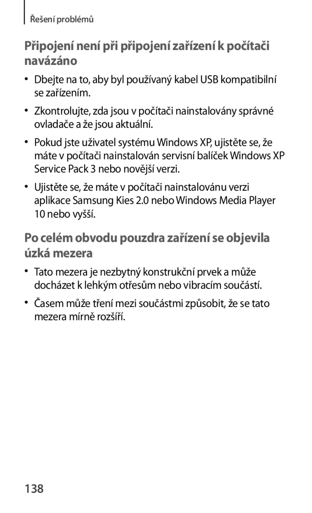 Samsung GT2S6810MBNVDC, GT-S6810MBNEUR, GT-S6810PWNCOS manual Připojení není při připojení zařízení k počítači navázáno, 138 