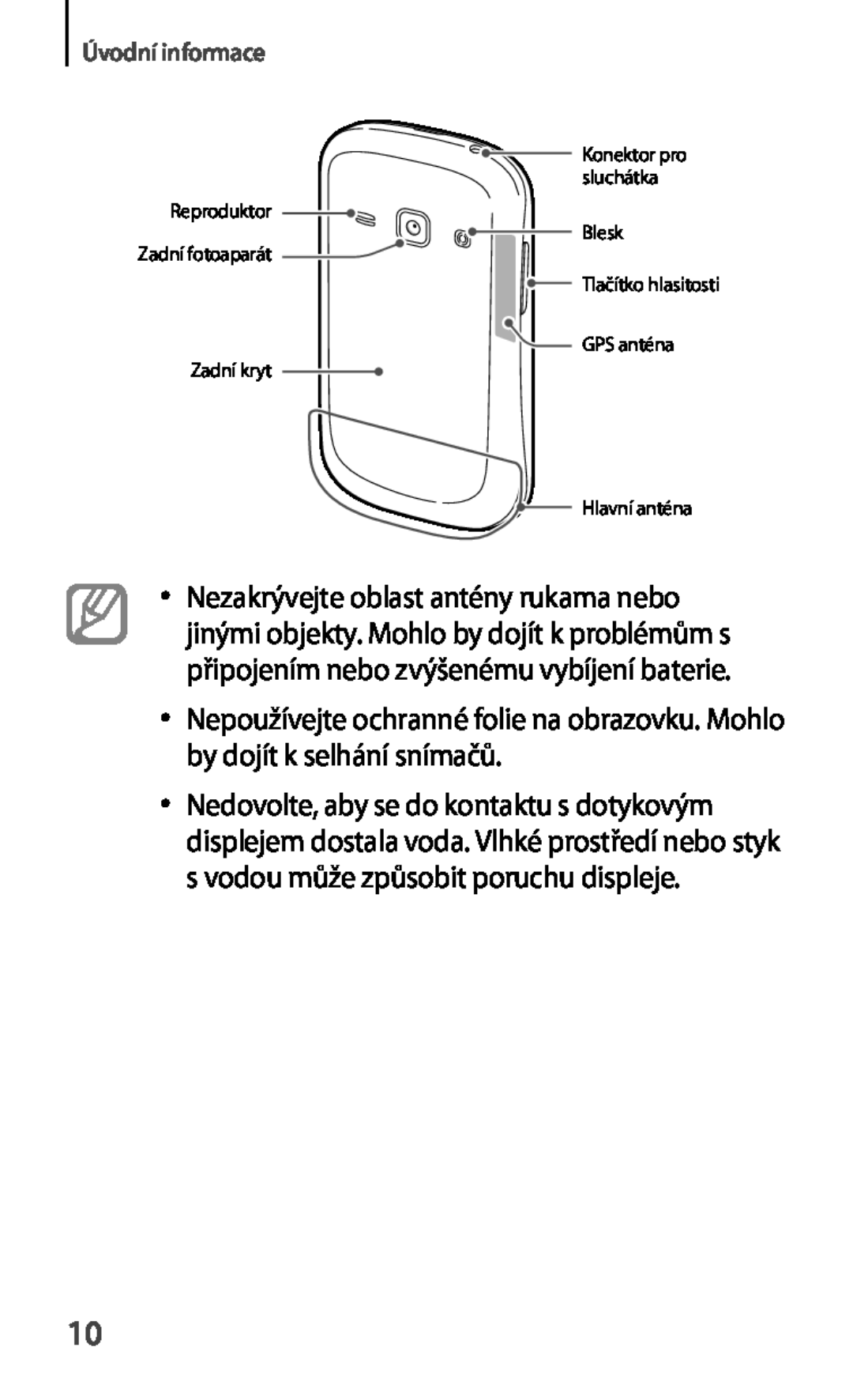 Samsung GT-S6810PWNORS, GT-S6810MBNEUR manual Úvodní informace, Konektor pro sluchátka Reproduktor Blesk Zadní fotoaparát 