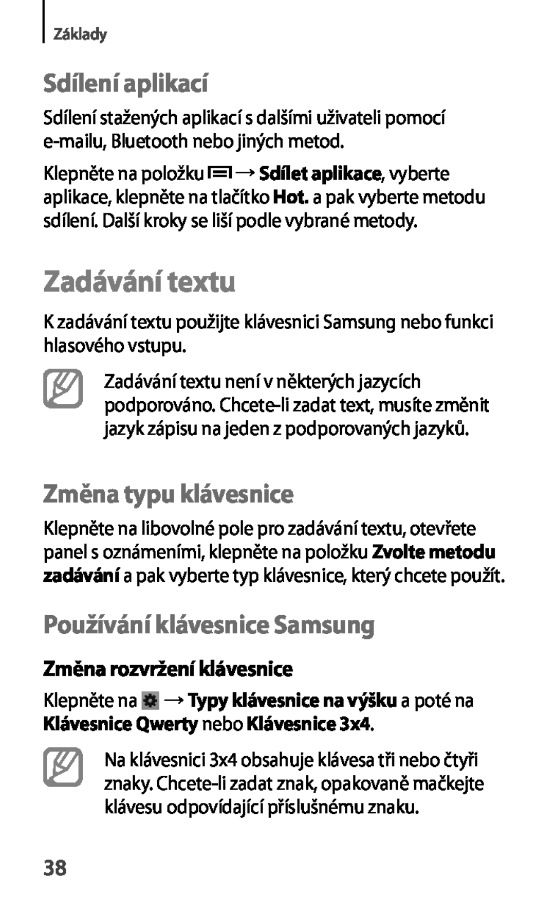 Samsung GT-S6810PWNCOA manual Zadávání textu, Sdílení aplikací, Změna typu klávesnice, Používání klávesnice Samsung 