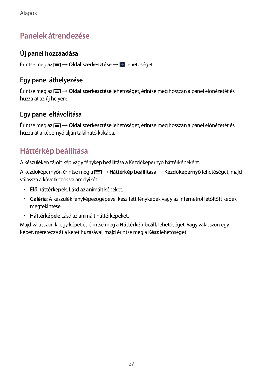 Samsung GT2S6810MBNXEH manual Panelek átrendezése, Háttérkép beállítása, Új panel hozzáadása, Egy panel áthelyezése 