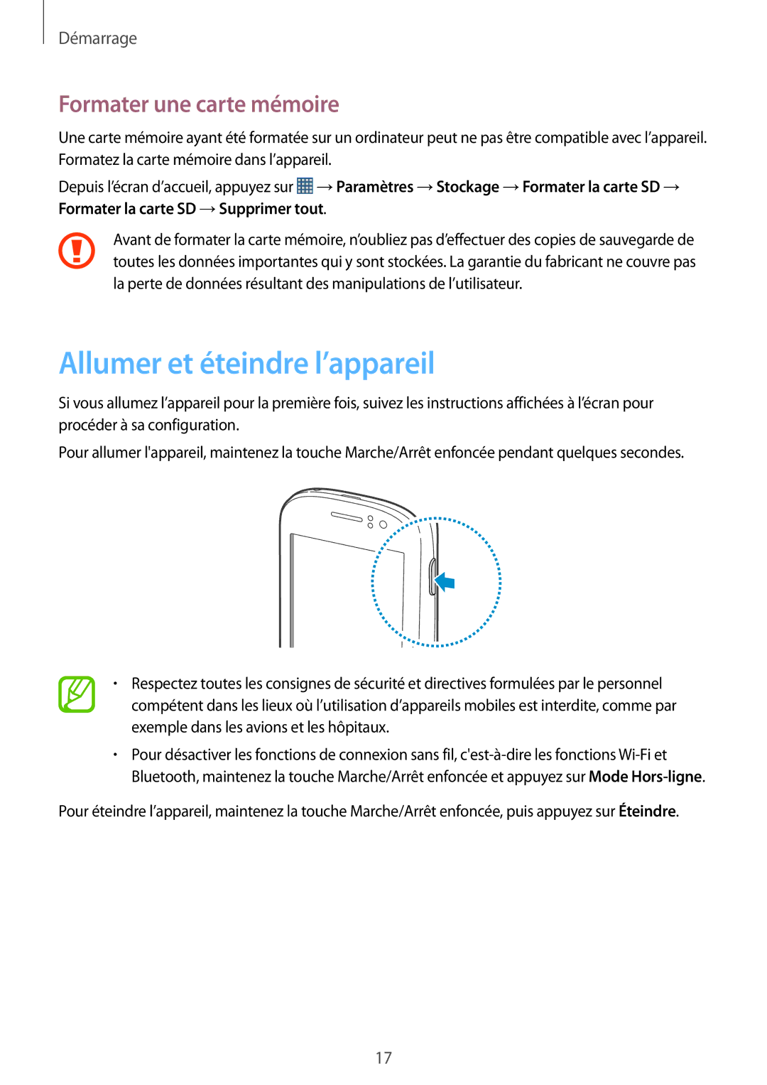 Samsung GT-S6810MBNFTM manual Allumer et éteindre l’appareil, Formater une carte mémoire 