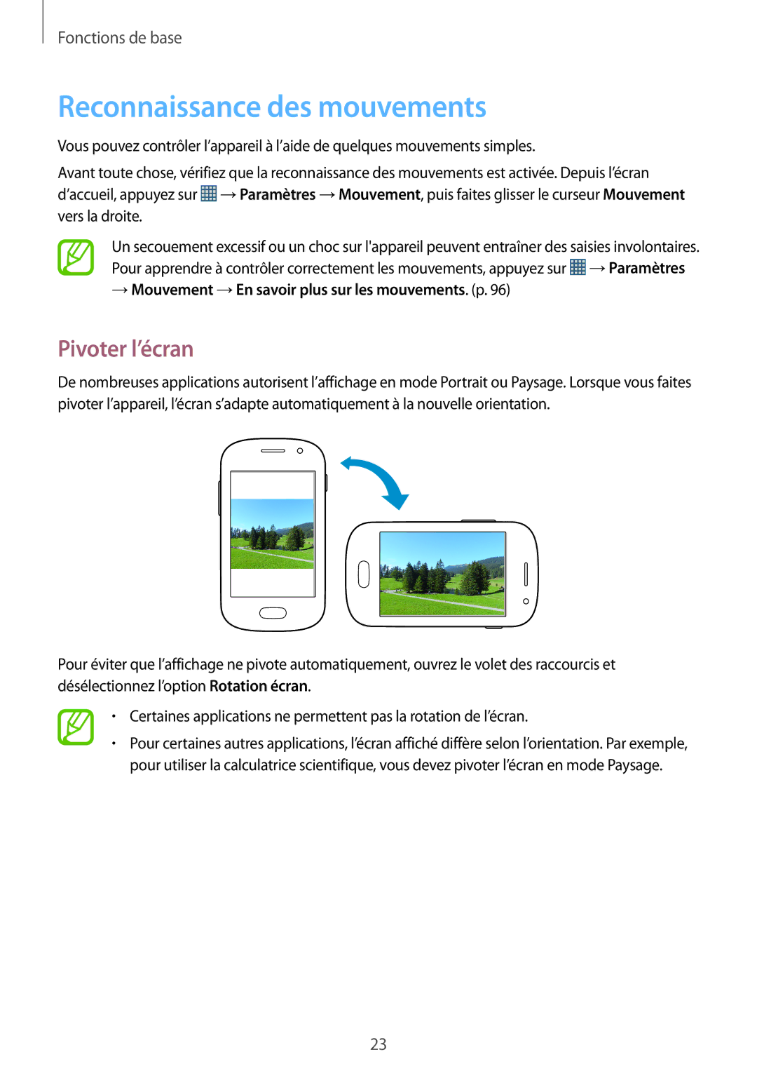 Samsung GT-S6810MBNFTM Reconnaissance des mouvements, Pivoter l’écran, → Mouvement →En savoir plus sur les mouvements. p 