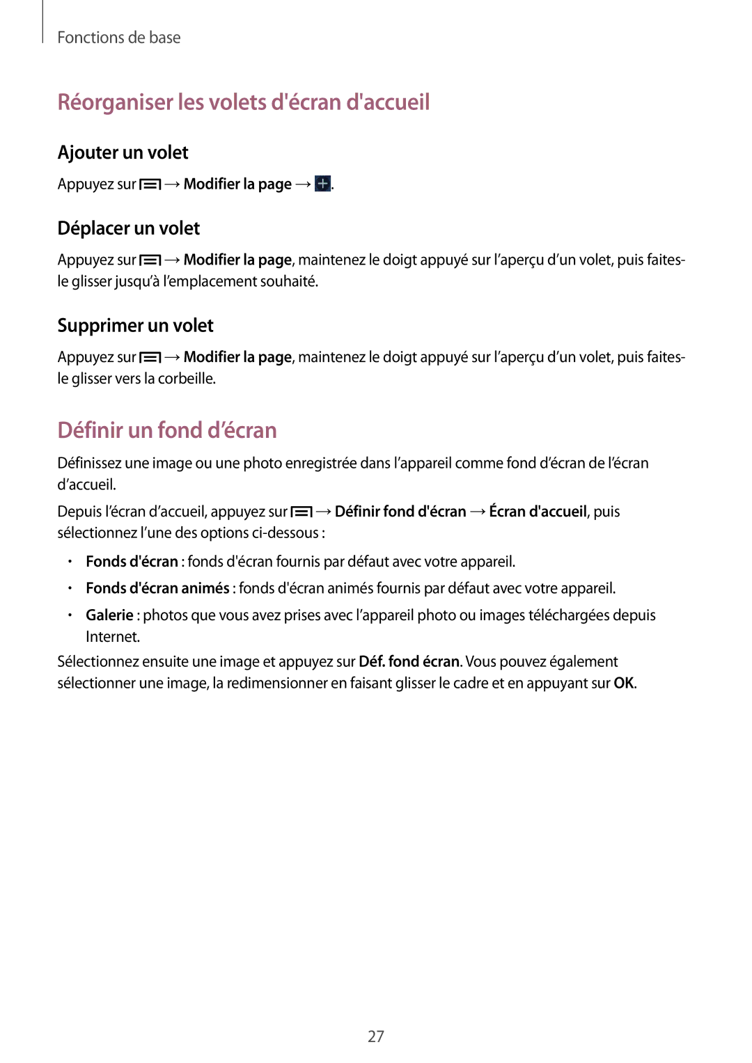 Samsung GT-S6810MBNFTM manual Réorganiser les volets décran daccueil, Définir un fond d’écran, Ajouter un volet 