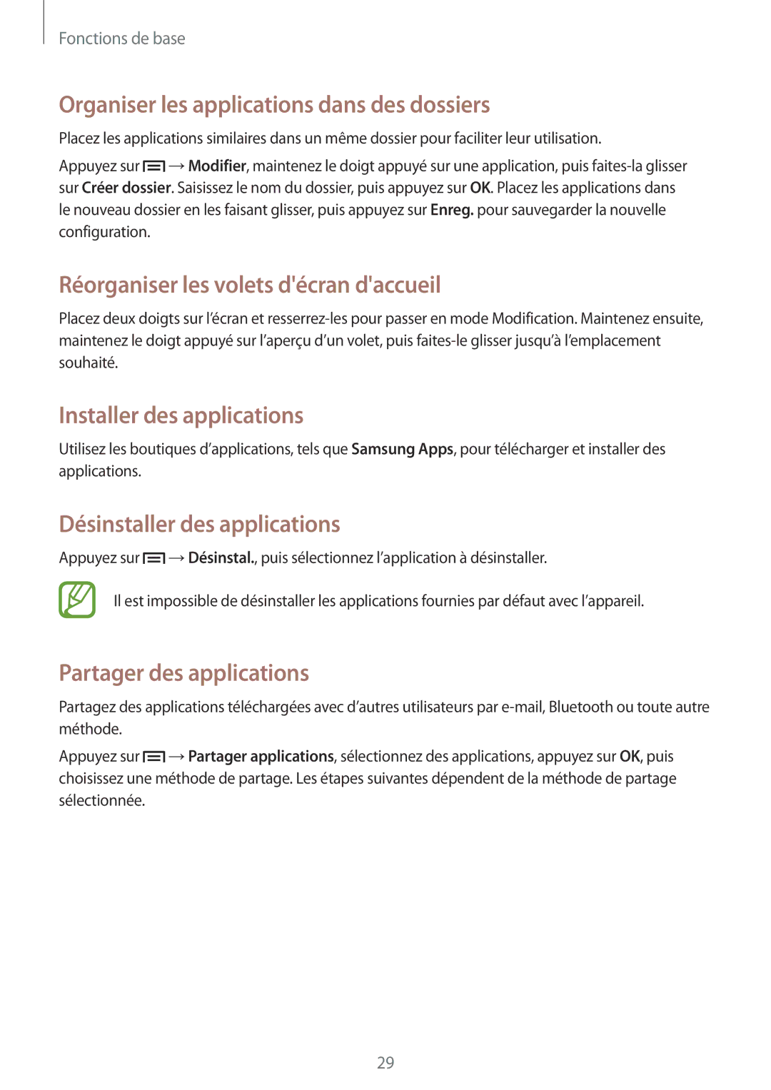 Samsung GT-S6810MBNFTM Organiser les applications dans des dossiers, Installer des applications, Partager des applications 