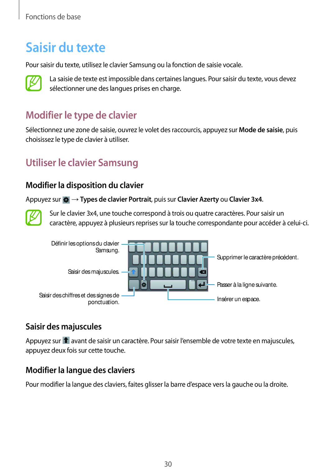 Samsung GT-S6810MBNFTM manual Saisir du texte, Modifier le type de clavier, Utiliser le clavier Samsung 