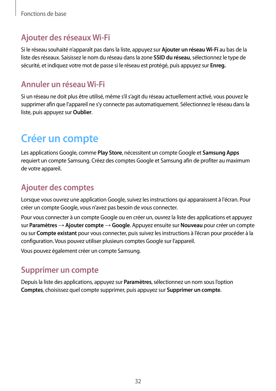 Samsung GT-S6810MBNFTM manual Créer un compte, Ajouter des réseaux Wi-Fi, Annuler un réseau Wi-Fi, Ajouter des comptes 