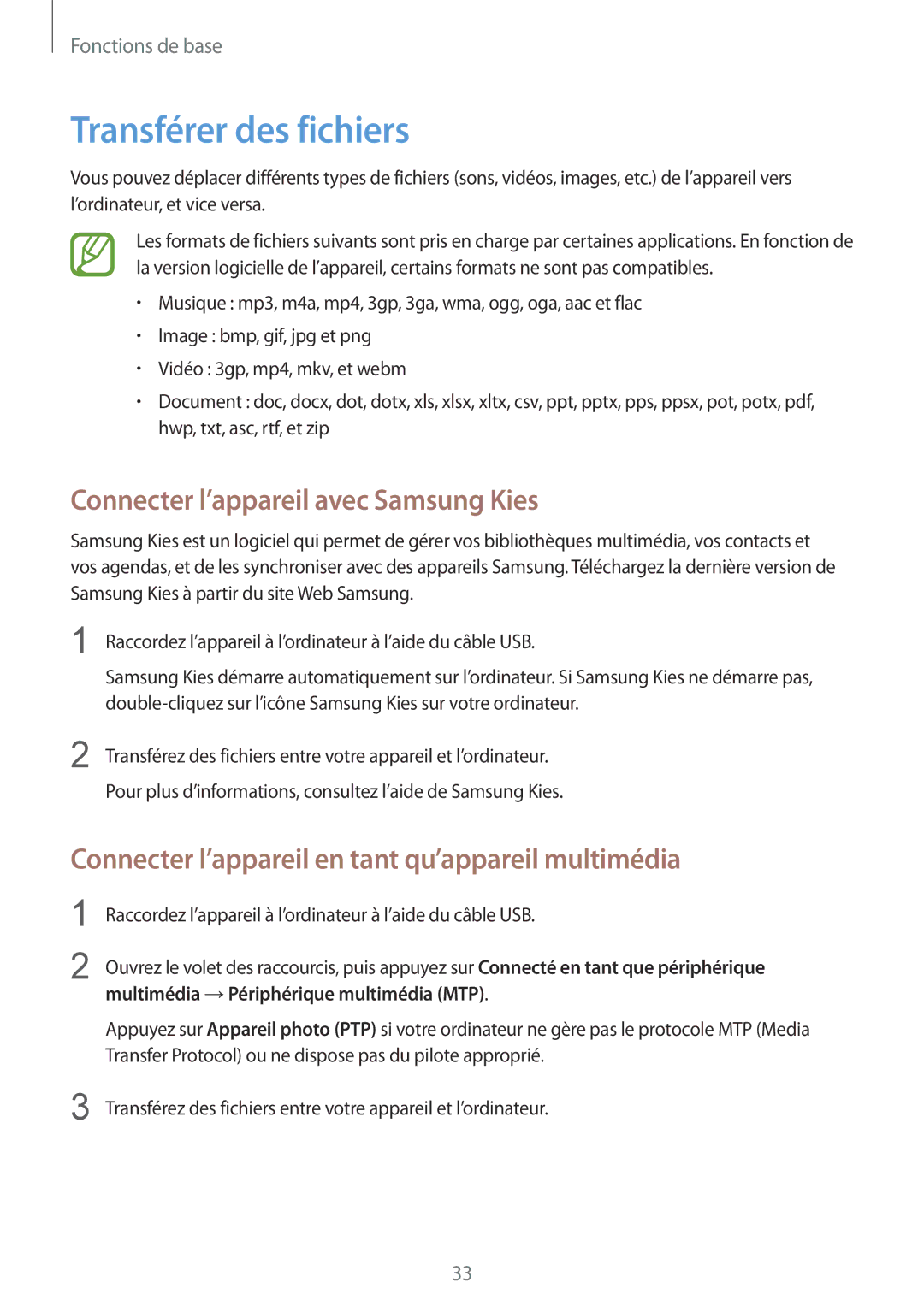 Samsung GT-S6810MBNFTM manual Transférer des fichiers, Connecter l’appareil avec Samsung Kies 