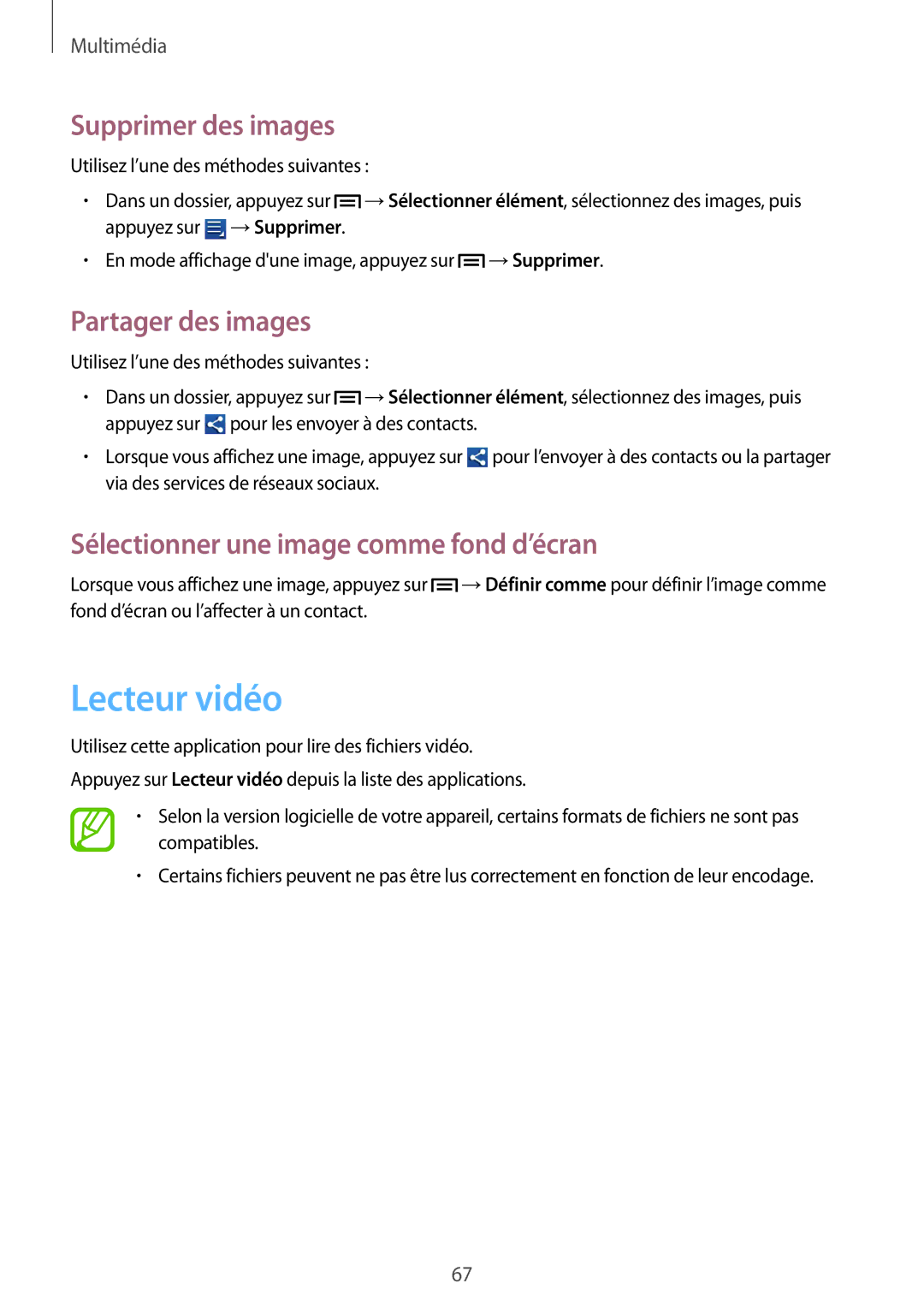 Samsung GT-S6810MBNFTM Lecteur vidéo, Supprimer des images, Partager des images, Sélectionner une image comme fond d’écran 