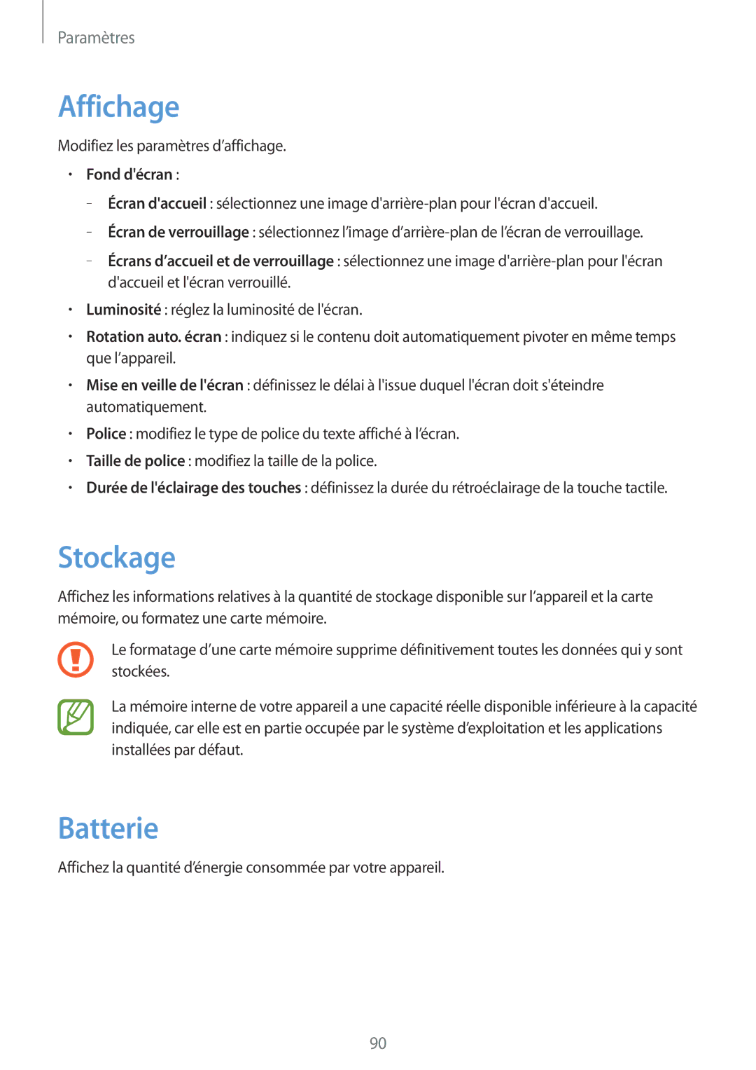 Samsung GT-S6810MBNFTM manual Affichage, Stockage, Batterie, Fond décran 