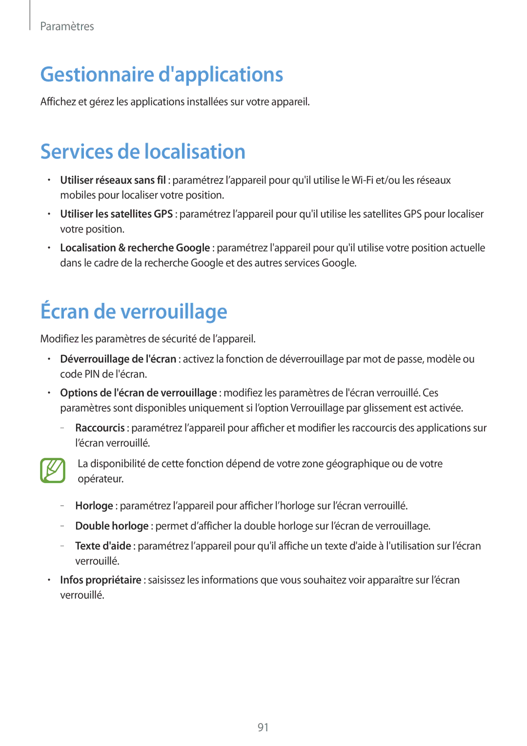 Samsung GT-S6810MBNFTM manual Gestionnaire dapplications, Services de localisation, Écran de verrouillage 