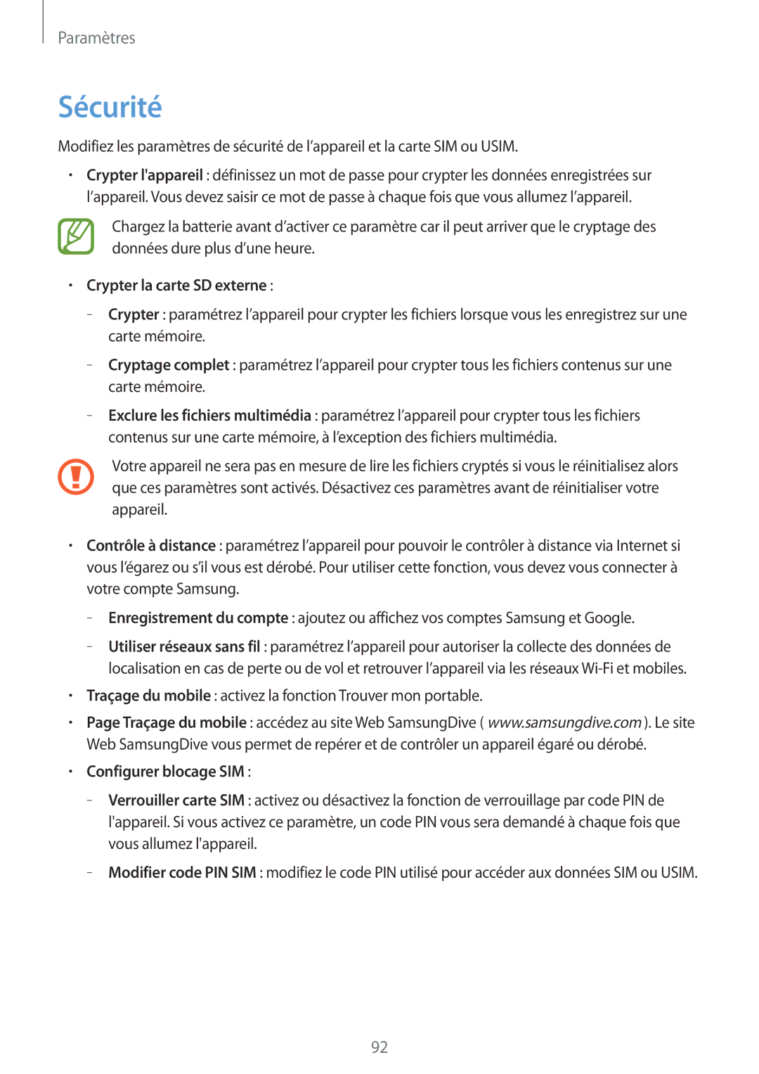 Samsung GT-S6810MBNFTM manual Sécurité, Crypter la carte SD externe, Configurer blocage SIM 