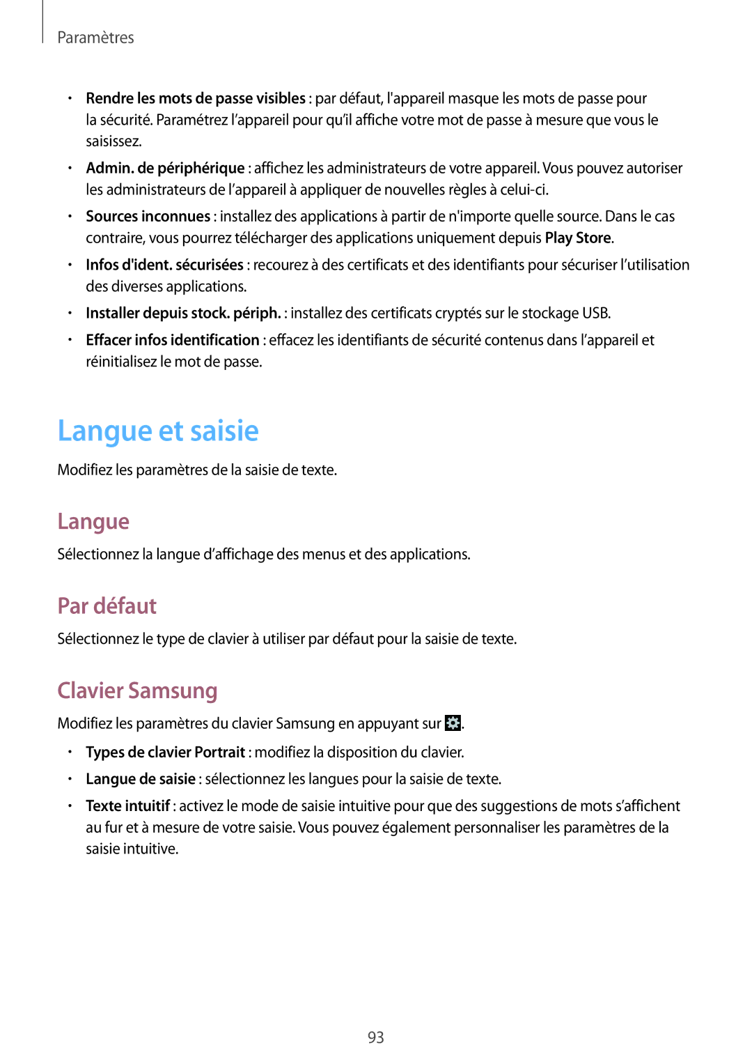 Samsung GT-S6810MBNFTM manual Langue et saisie, Par défaut, Clavier Samsung 