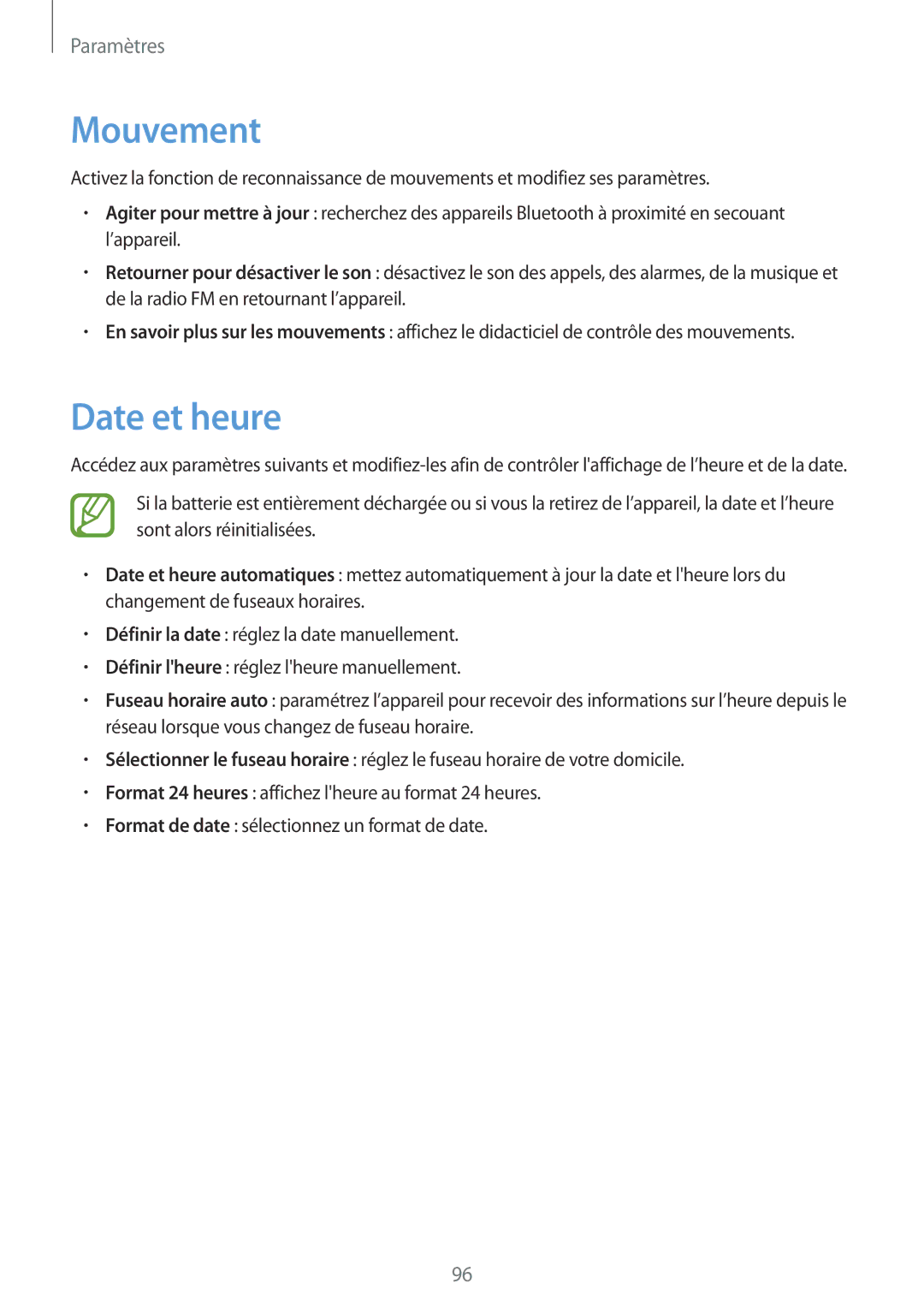 Samsung GT-S6810MBNFTM manual Mouvement, Date et heure 
