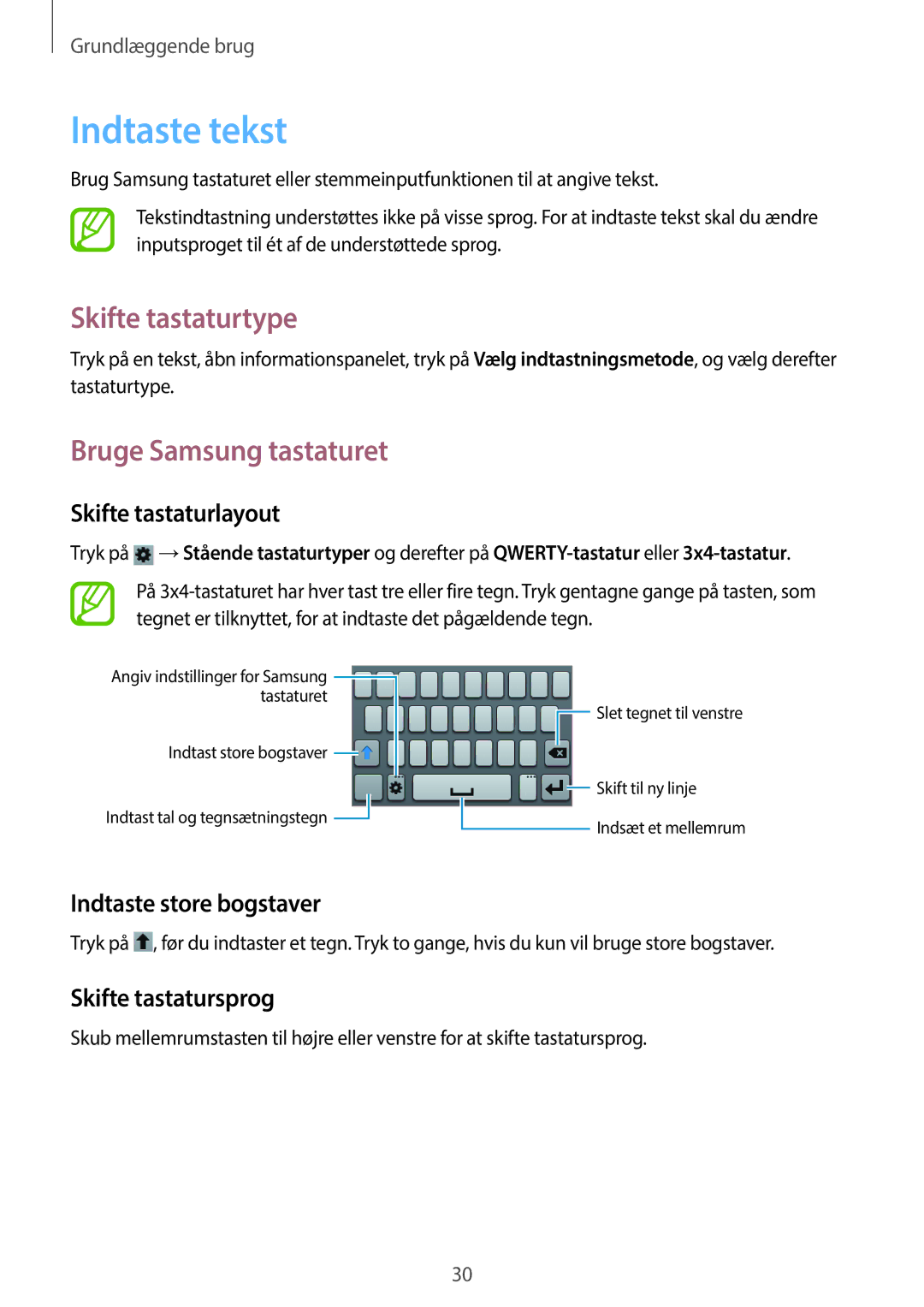 Samsung GT-S6810MBNNEE, GT-S6810PWNNEE manual Indtaste tekst, Skifte tastaturtype, Bruge Samsung tastaturet 