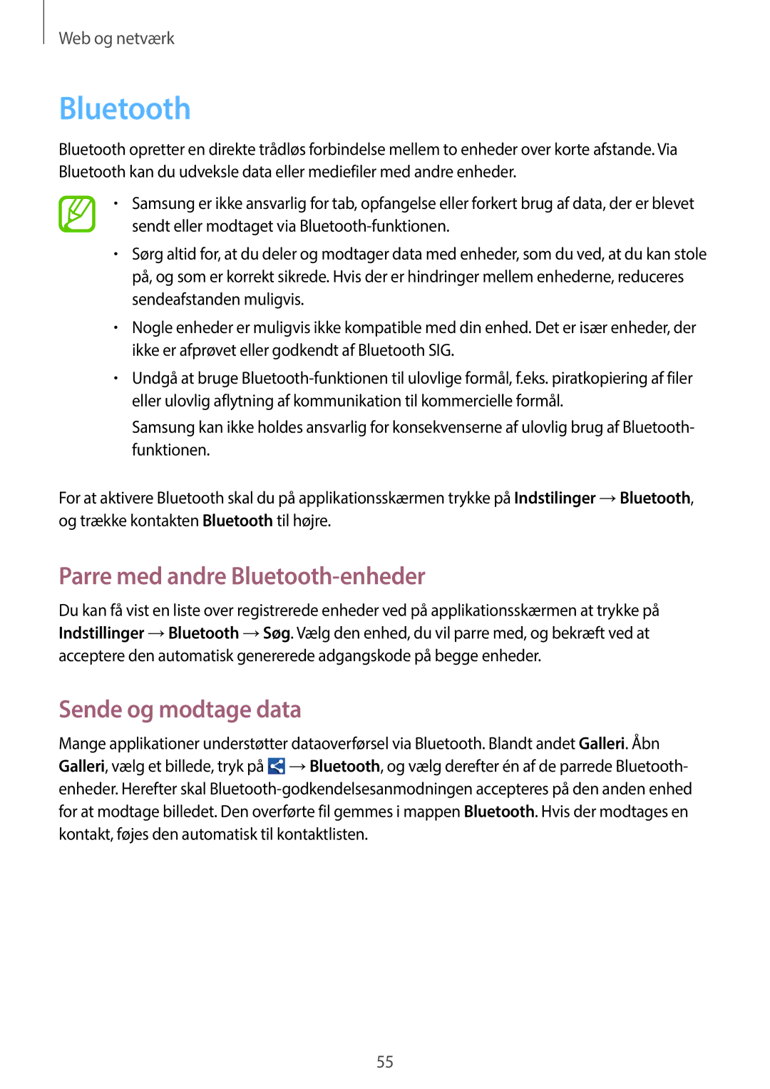 Samsung GT-S6810PWNNEE, GT-S6810MBNNEE manual Parre med andre Bluetooth-enheder, Sende og modtage data 