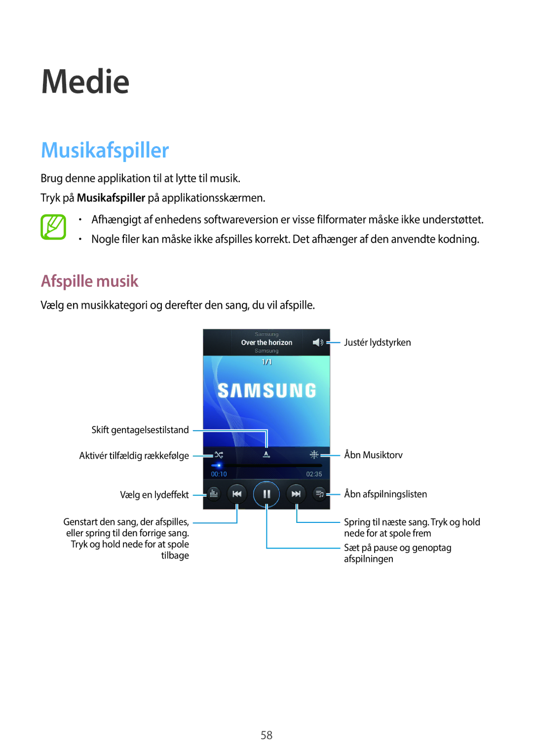 Samsung GT-S6810MBNNEE, GT-S6810PWNNEE manual Medie, Musikafspiller, Afspille musik 