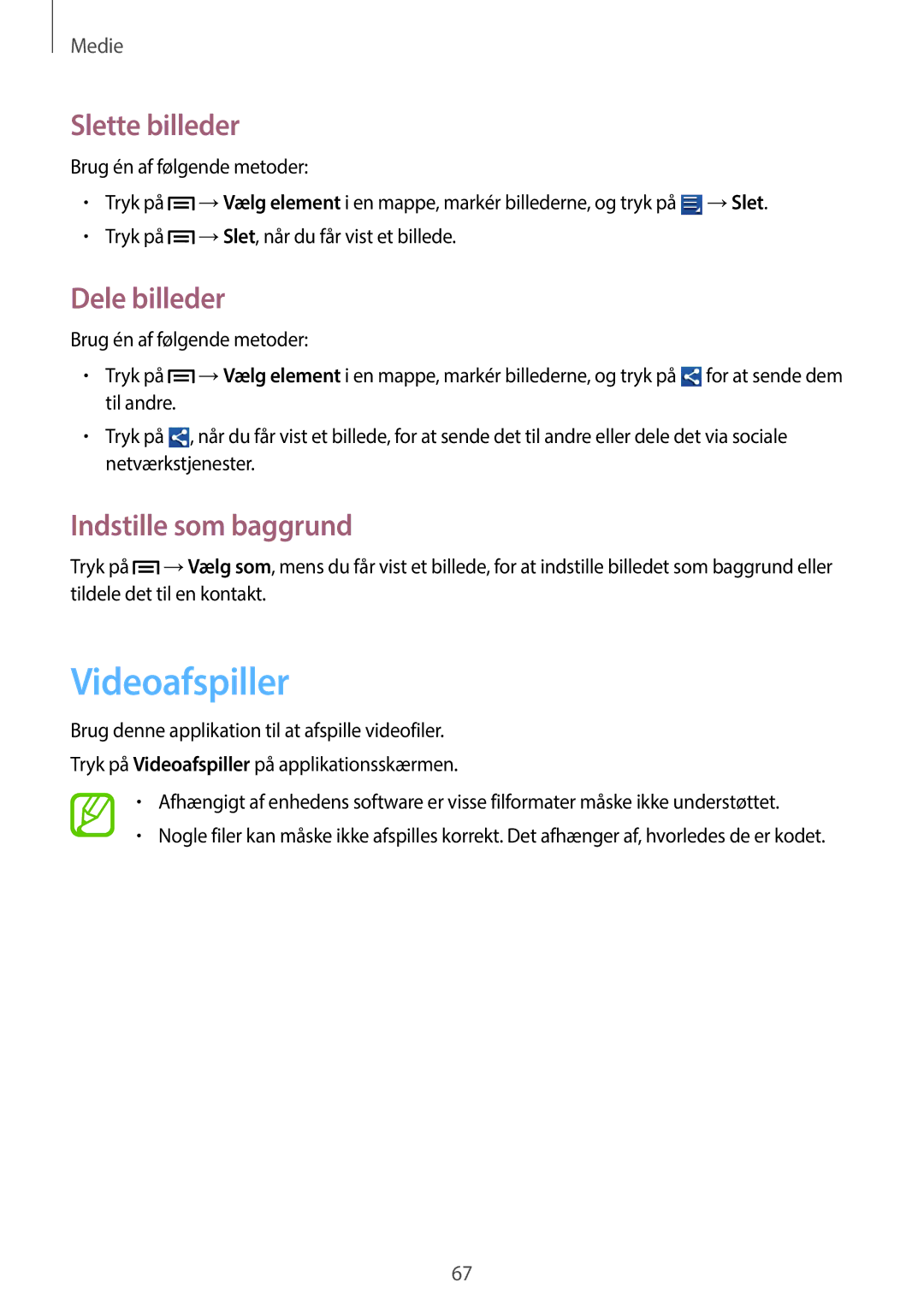 Samsung GT-S6810PWNNEE, GT-S6810MBNNEE manual Videoafspiller, Slette billeder, Dele billeder, Indstille som baggrund 