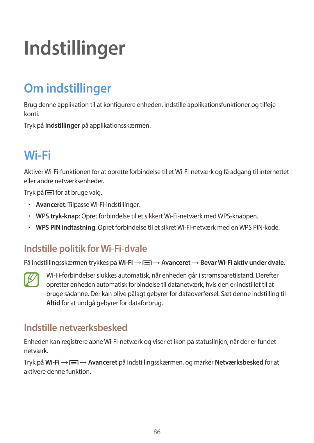 Samsung GT-S6810MBNNEE Indstillinger, Om indstillinger, Indstille politik for Wi-Fi-dvale, Indstille netværksbesked 