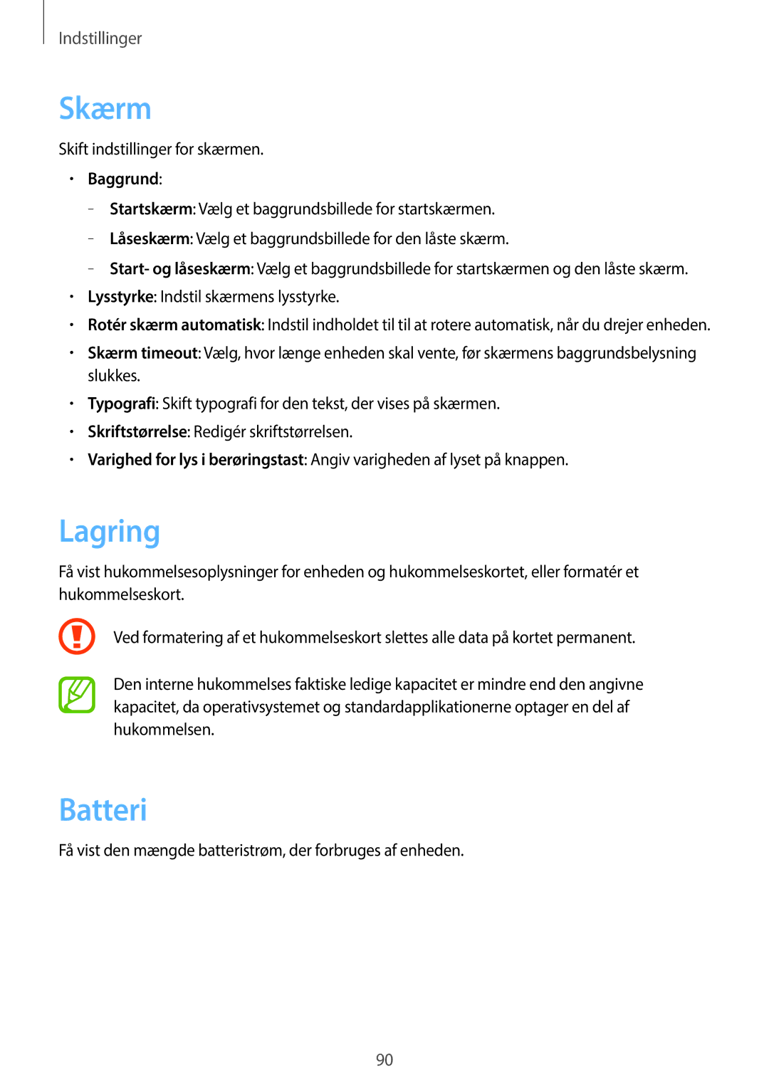 Samsung GT-S6810MBNNEE, GT-S6810PWNNEE manual Skærm, Lagring, Batteri, Baggrund 