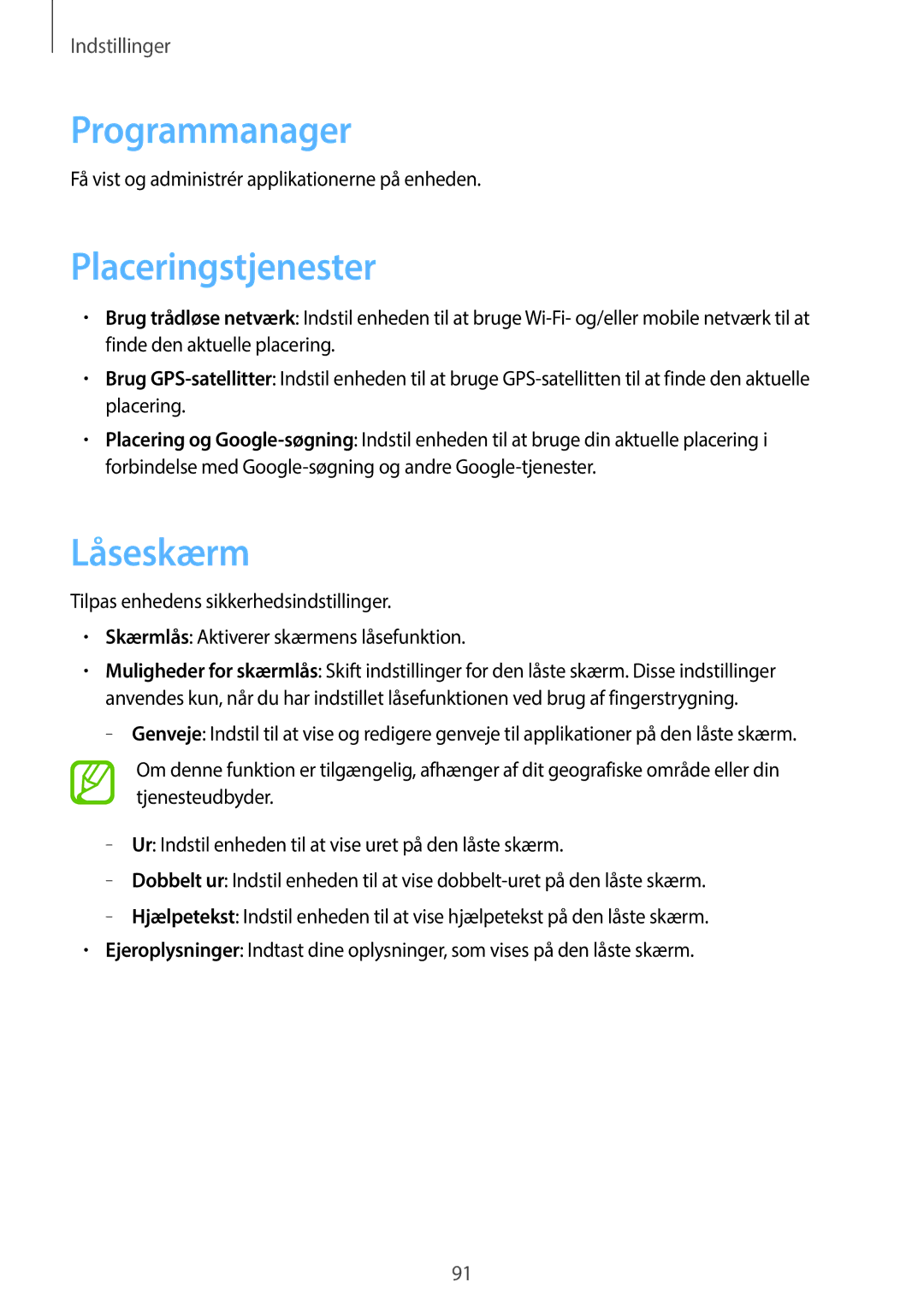 Samsung GT-S6810PWNNEE, GT-S6810MBNNEE manual Programmanager, Placeringstjenester, Låseskærm 