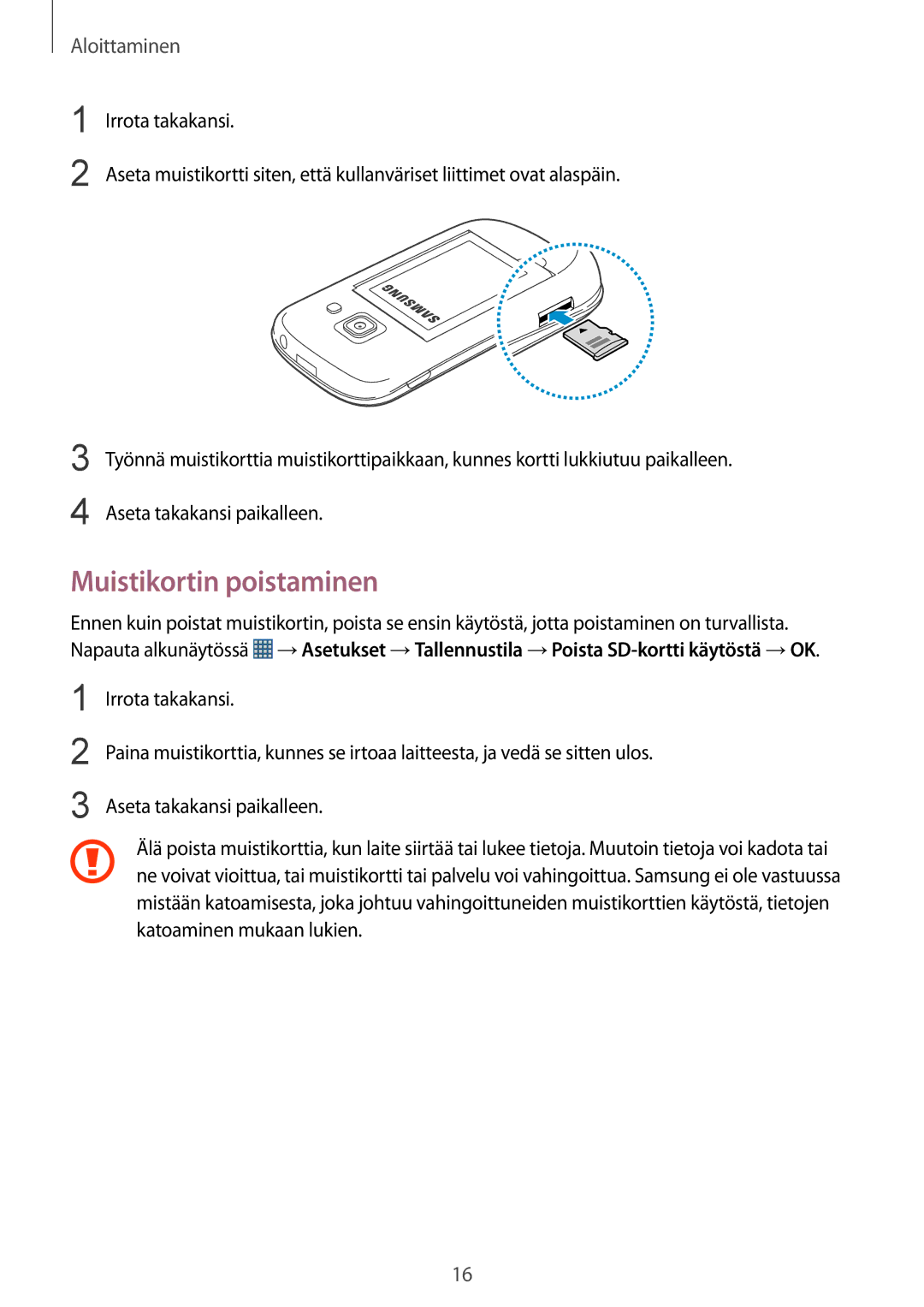 Samsung GT-S6810MBNNEE, GT-S6810PWNNEE manual Muistikortin poistaminen 