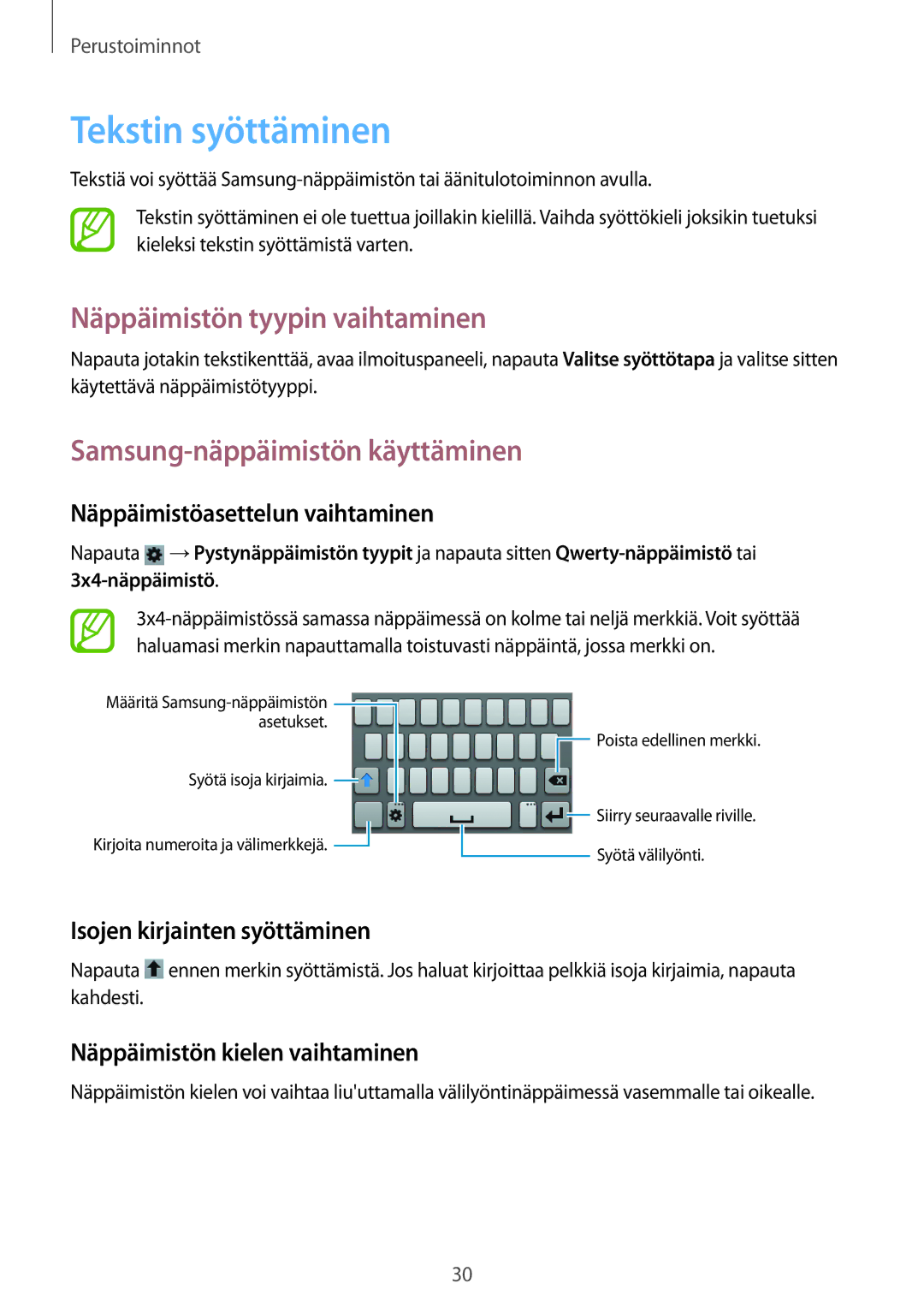 Samsung GT-S6810MBNNEE manual Tekstin syöttäminen, Näppäimistön tyypin vaihtaminen, Samsung-näppäimistön käyttäminen 