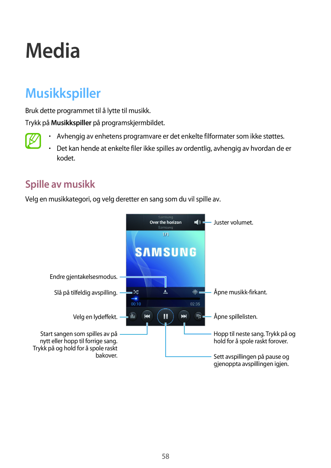 Samsung GT-S6810MBNNEE, GT-S6810PWNNEE manual Media, Musikkspiller, Spille av musikk 