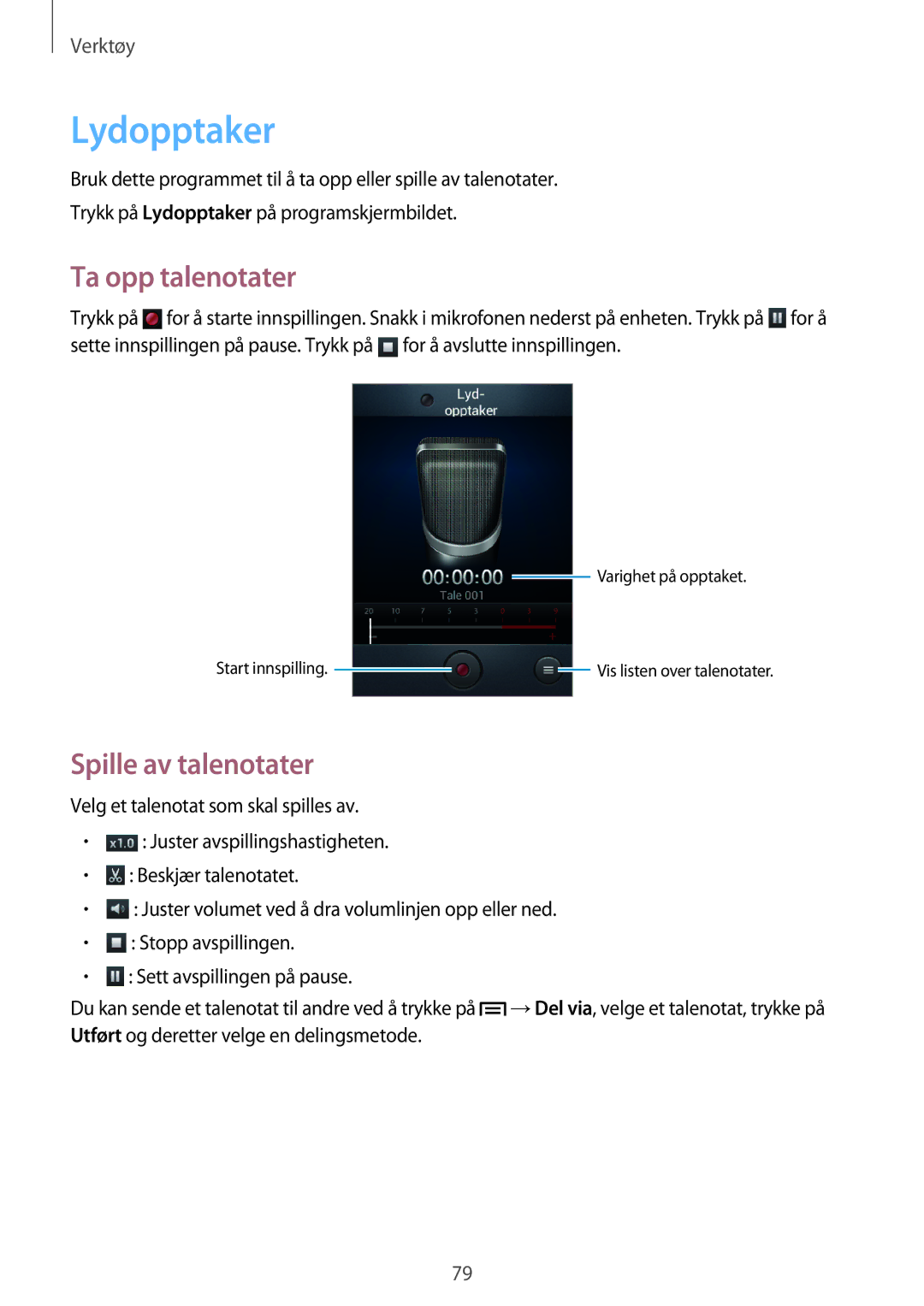 Samsung GT-S6810PWNNEE, GT-S6810MBNNEE manual Lydopptaker, Ta opp talenotater, Spille av talenotater 