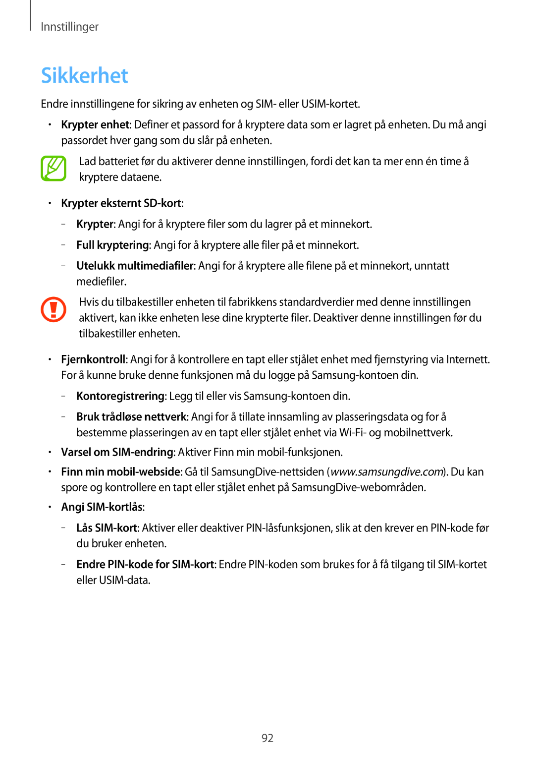 Samsung GT-S6810MBNNEE, GT-S6810PWNNEE manual Sikkerhet, Krypter eksternt SD-kort, Angi SIM-kortlås 