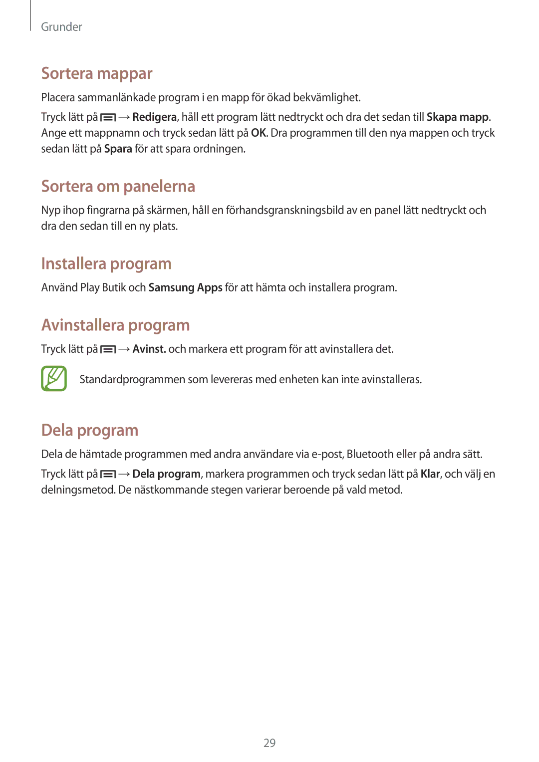 Samsung GT-S6810PWNNEE, GT-S6810MBNNEE manual Sortera mappar, Installera program, Avinstallera program, Dela program 