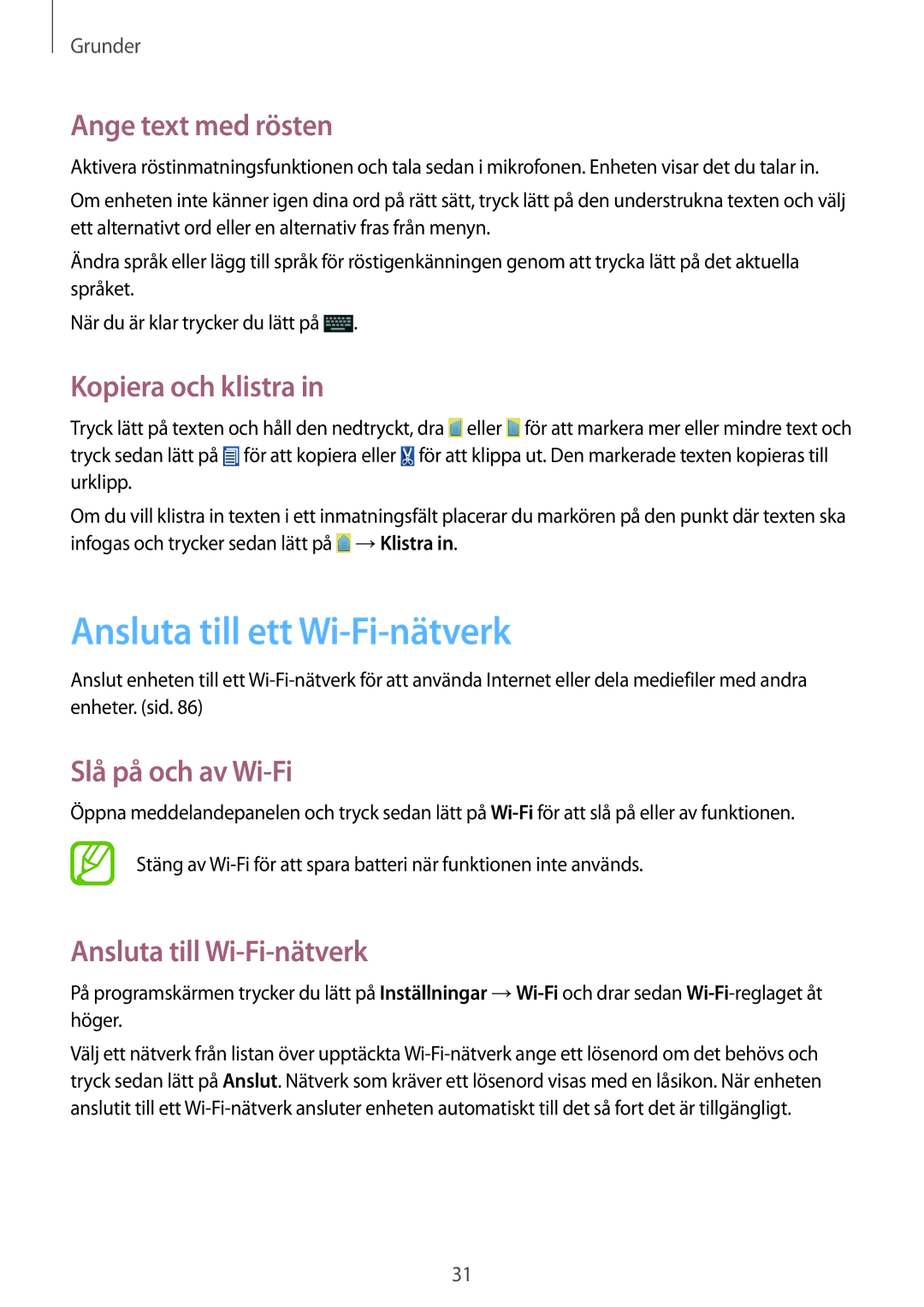 Samsung GT-S6810PWNNEE Ansluta till ett Wi-Fi-nätverk, Ange text med rösten, Kopiera och klistra, Slå på och av Wi-Fi 