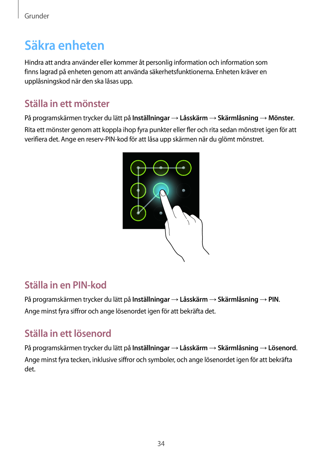 Samsung GT-S6810MBNNEE, GT-S6810PWNNEE Säkra enheten, Ställa in ett mönster, Ställa in en PIN-kod, Ställa in ett lösenord 