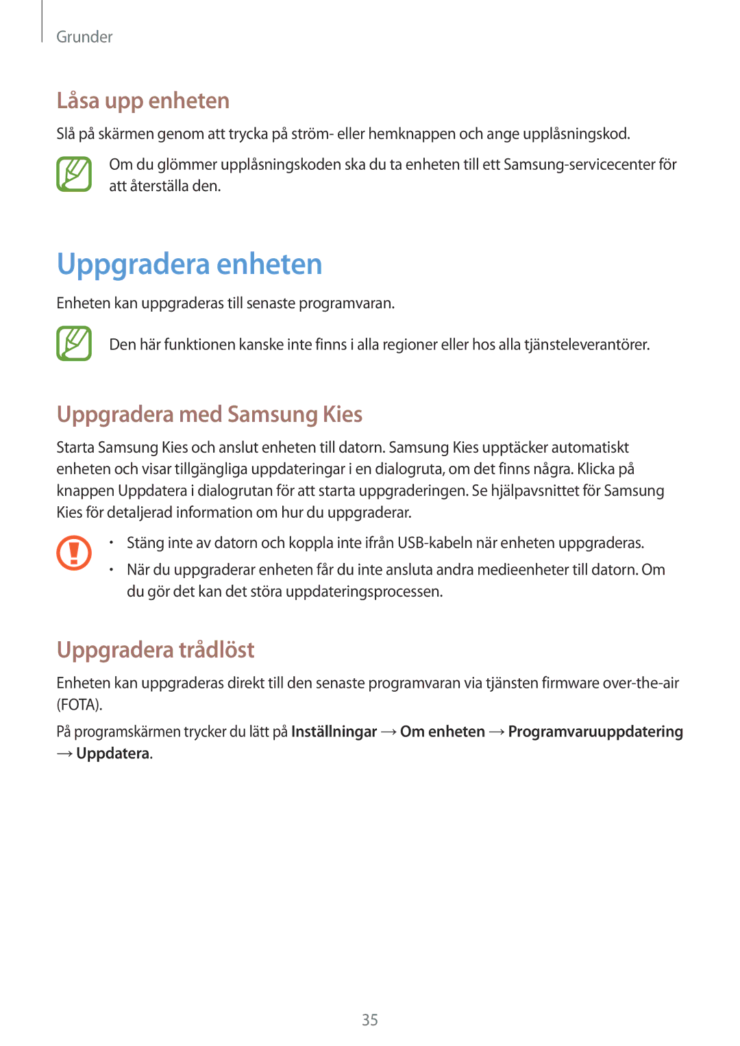 Samsung GT-S6810PWNNEE Uppgradera enheten, Låsa upp enheten, Uppgradera med Samsung Kies, Uppgradera trådlöst, → Uppdatera 