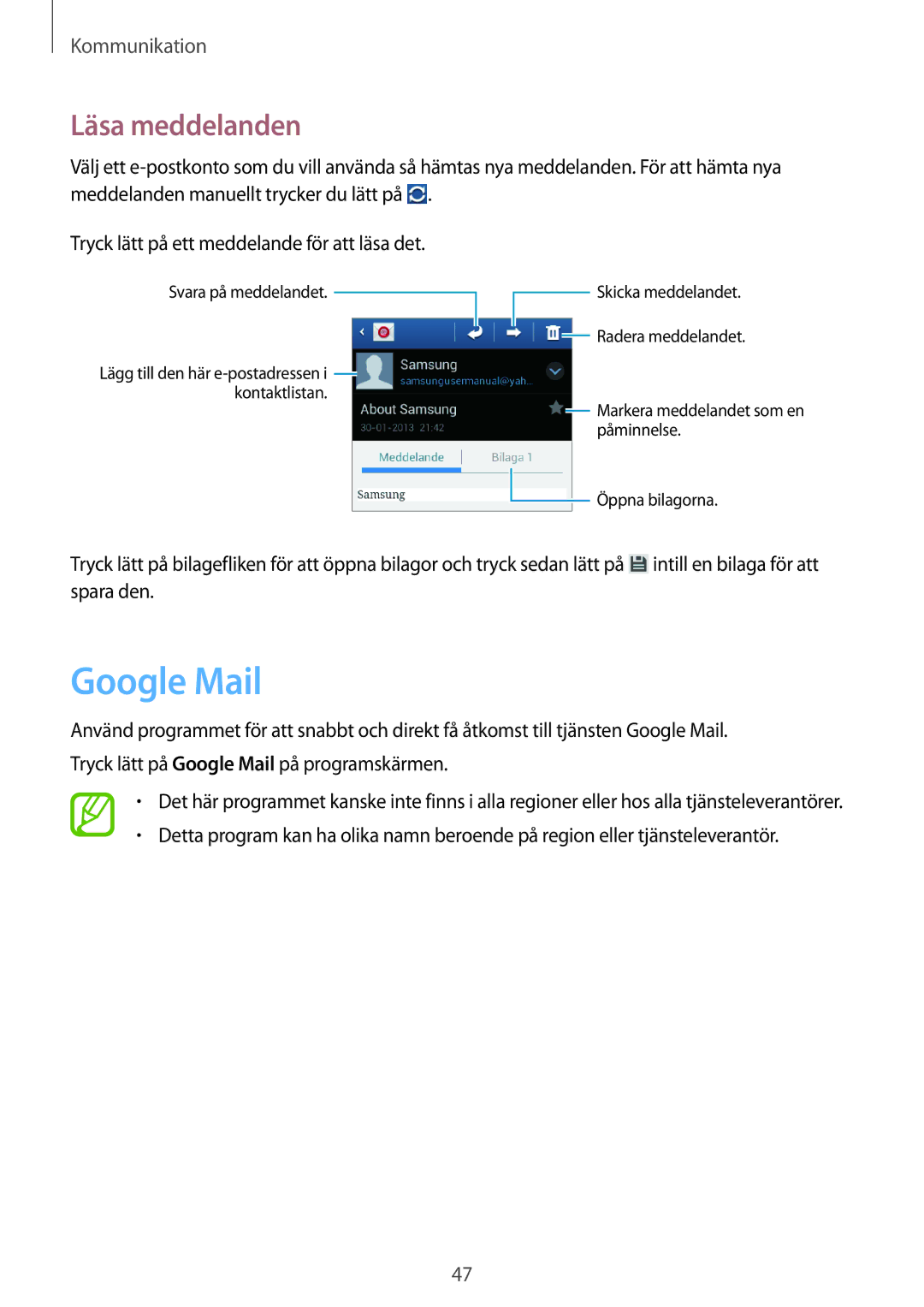 Samsung GT-S6810PWNNEE, GT-S6810MBNNEE manual Google Mail, Läsa meddelanden 