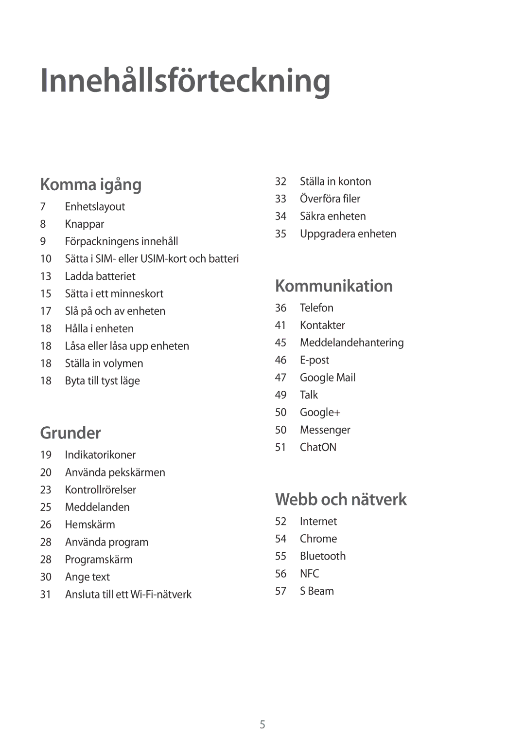 Samsung GT-S6810PWNNEE, GT-S6810MBNNEE manual Innehållsförteckning, Komma igång 