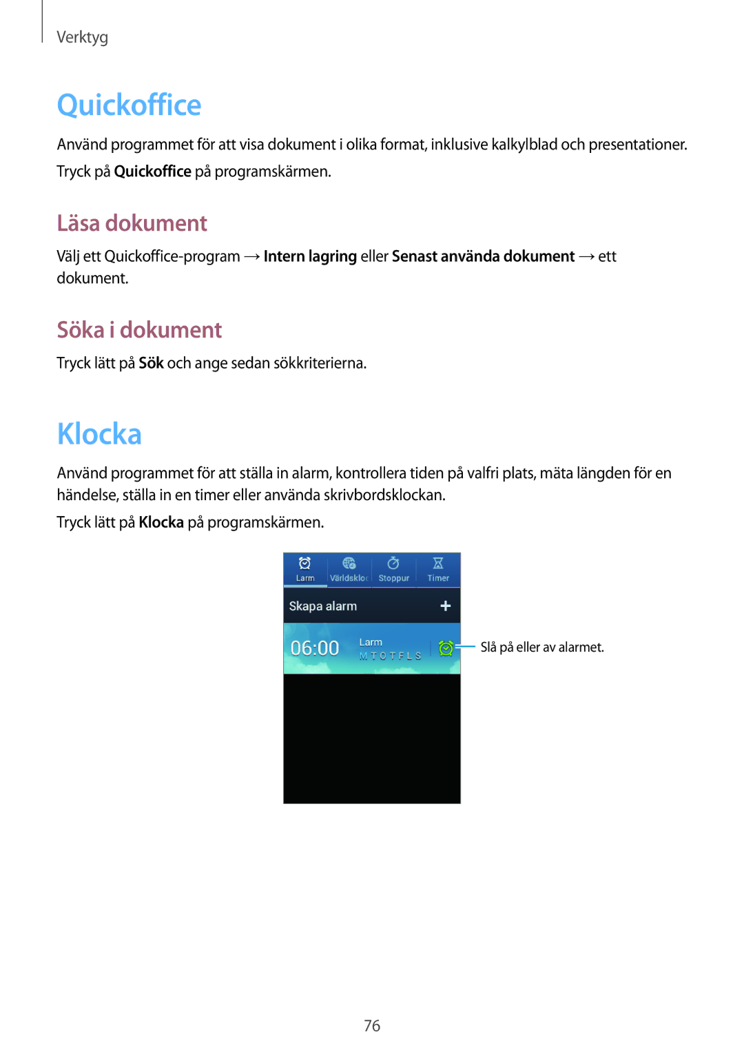 Samsung GT-S6810MBNNEE, GT-S6810PWNNEE manual Quickoffice, Klocka, Läsa dokument, Söka i dokument 