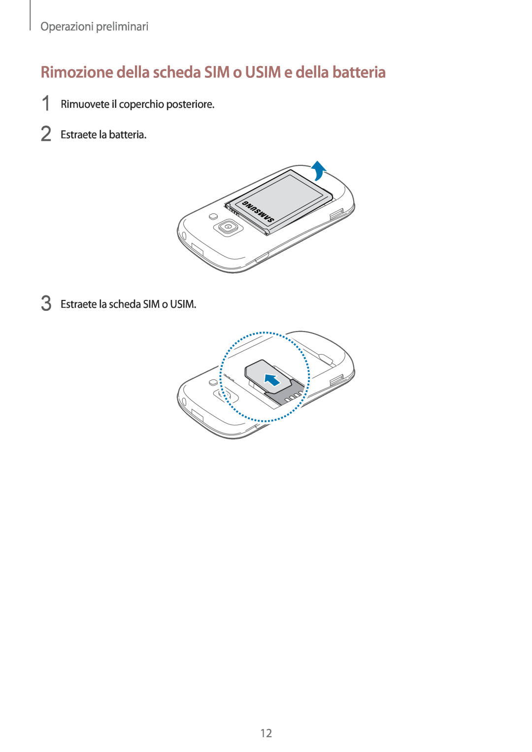 Samsung GT-S6810MBNWIN, GT-S6810PWNWIN manual Rimozione della scheda SIM o USIM e della batteria, Operazioni preliminari 