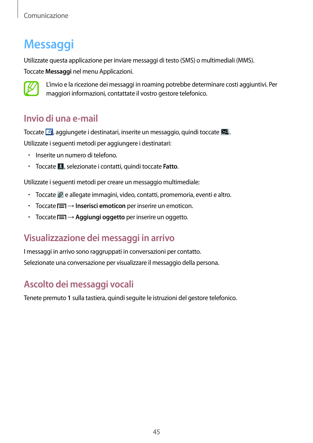 Samsung GT-S6810MBCVNN Messaggi, Invio di una e-mail, Visualizzazione dei messaggi in arrivo, Ascolto dei messaggi vocali 