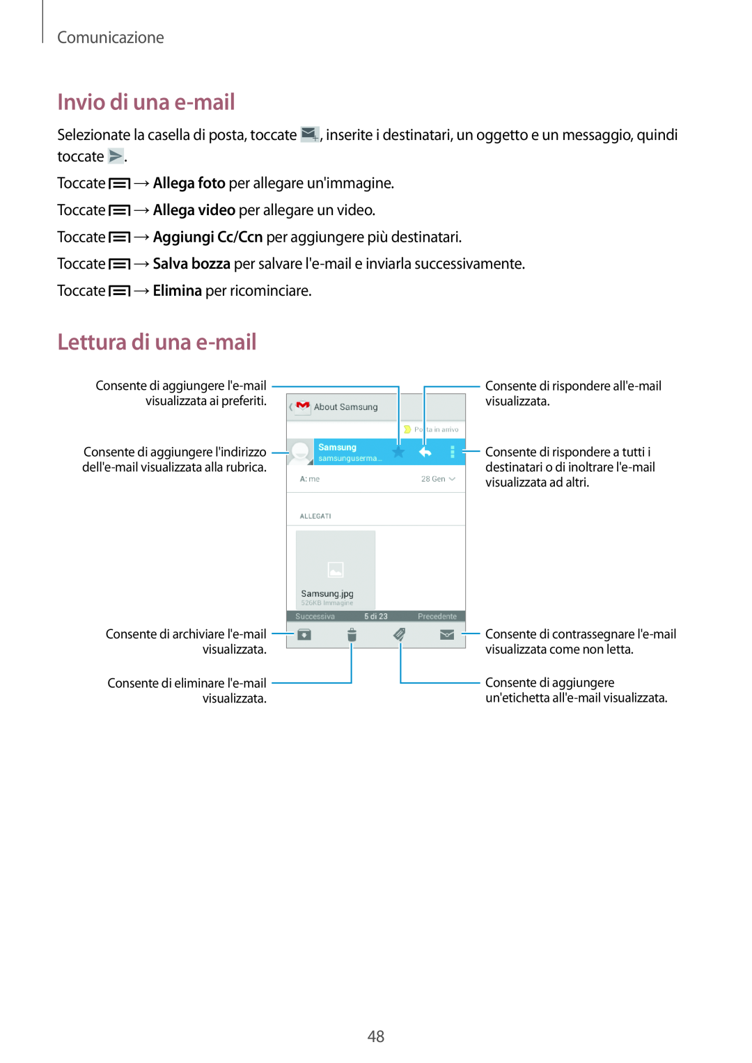 Samsung GT-S6810MBNWIN, GT-S6810PWNWIN, GT-S6810PWNITV manual Lettura di una e-mail, Invio di una e-mail, Comunicazione 