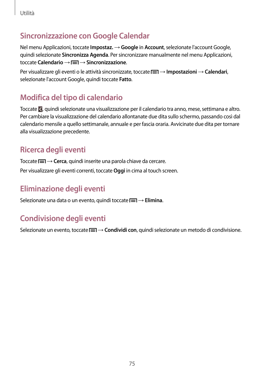 Samsung GT-S6810MBCVNN manual Sincronizzazione con Google Calendar, Modifica del tipo di calendario, Ricerca degli eventi 