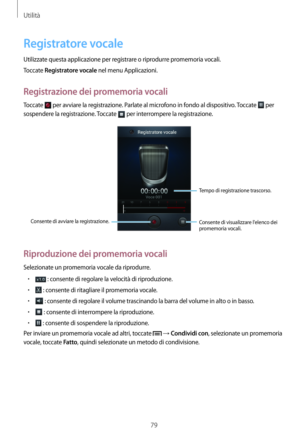 Samsung GT-S6810PWNWIN manual Registratore vocale, Registrazione dei promemoria vocali, Riproduzione dei promemoria vocali 