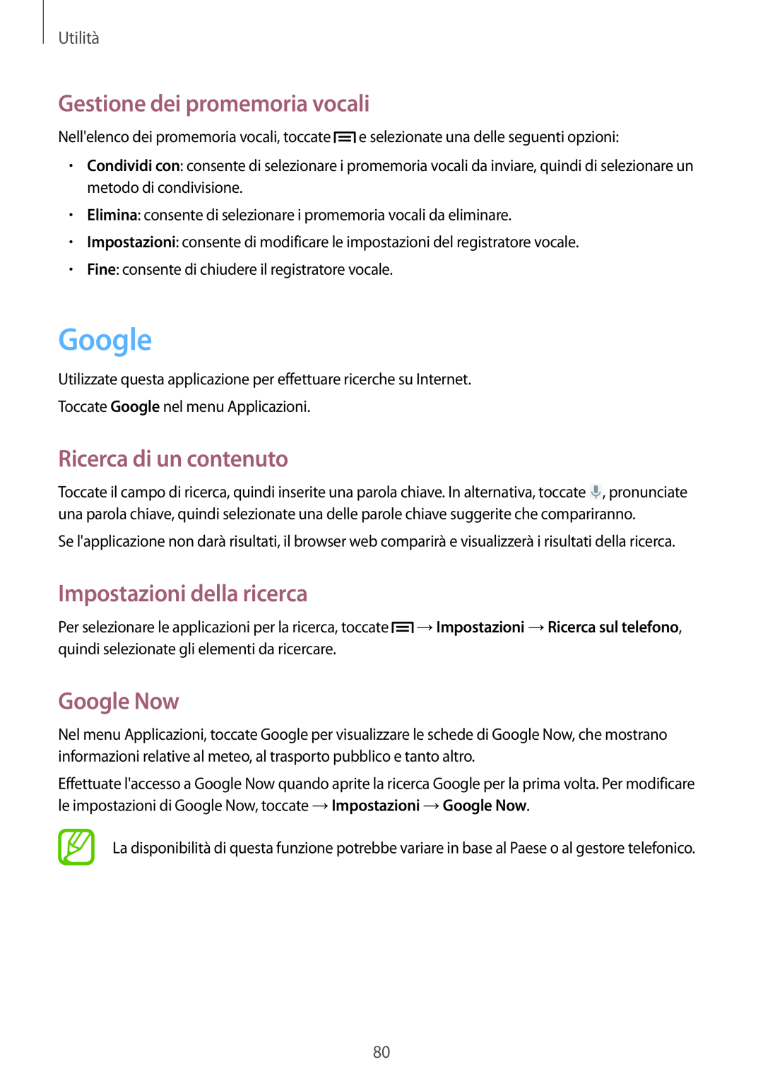 Samsung GT-S6810PWNITV manual Google, Gestione dei promemoria vocali, Ricerca di un contenuto, Impostazioni della ricerca 